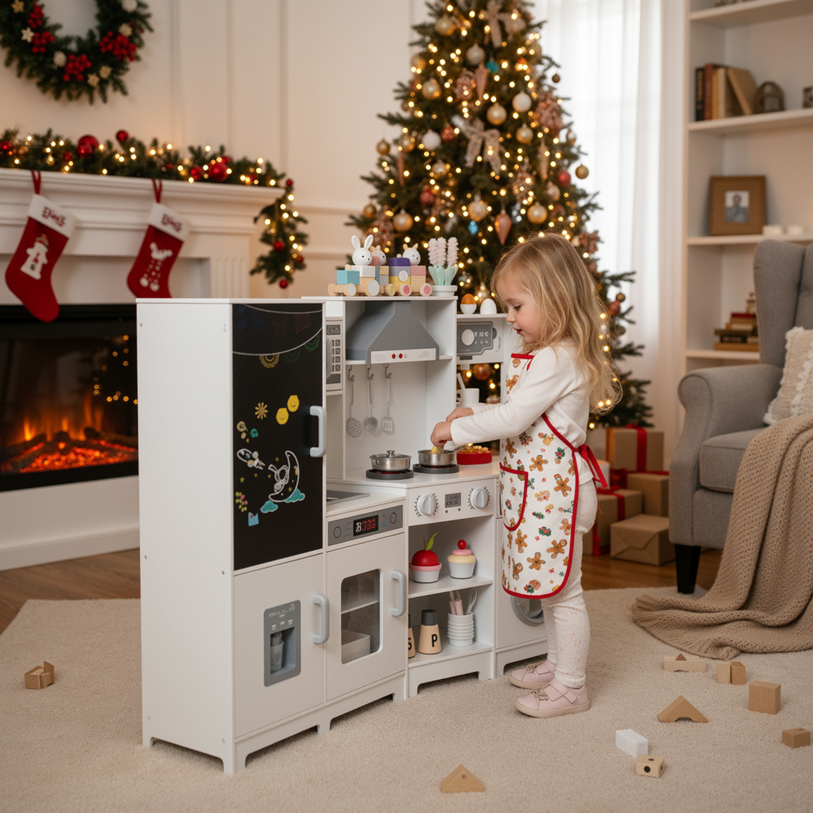 TLSUNNY Toddler Wooden Play Kitchen, with Chalk Board, Washer Dryer, Stove Sound & Range Hood, Cookware for Kids Ages 3+