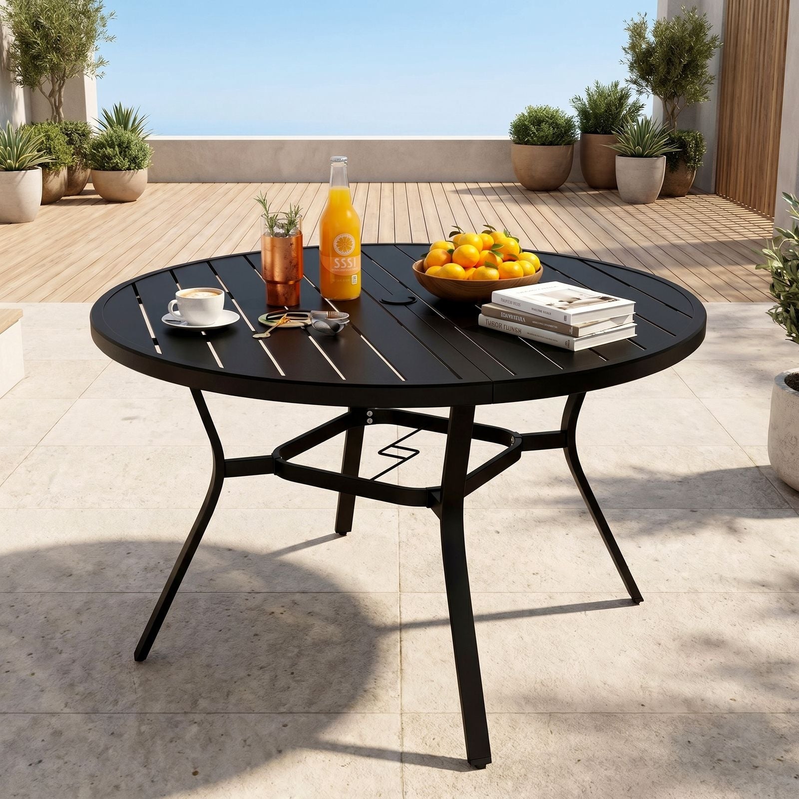 TLSUNNY Outdoor Patio Round Dining Table, with 1.57"-1.8" Adjustable Umbrella Hole & Foot Pads, Metal Frame & E-Coating, for Balcony, Poolside, Deck