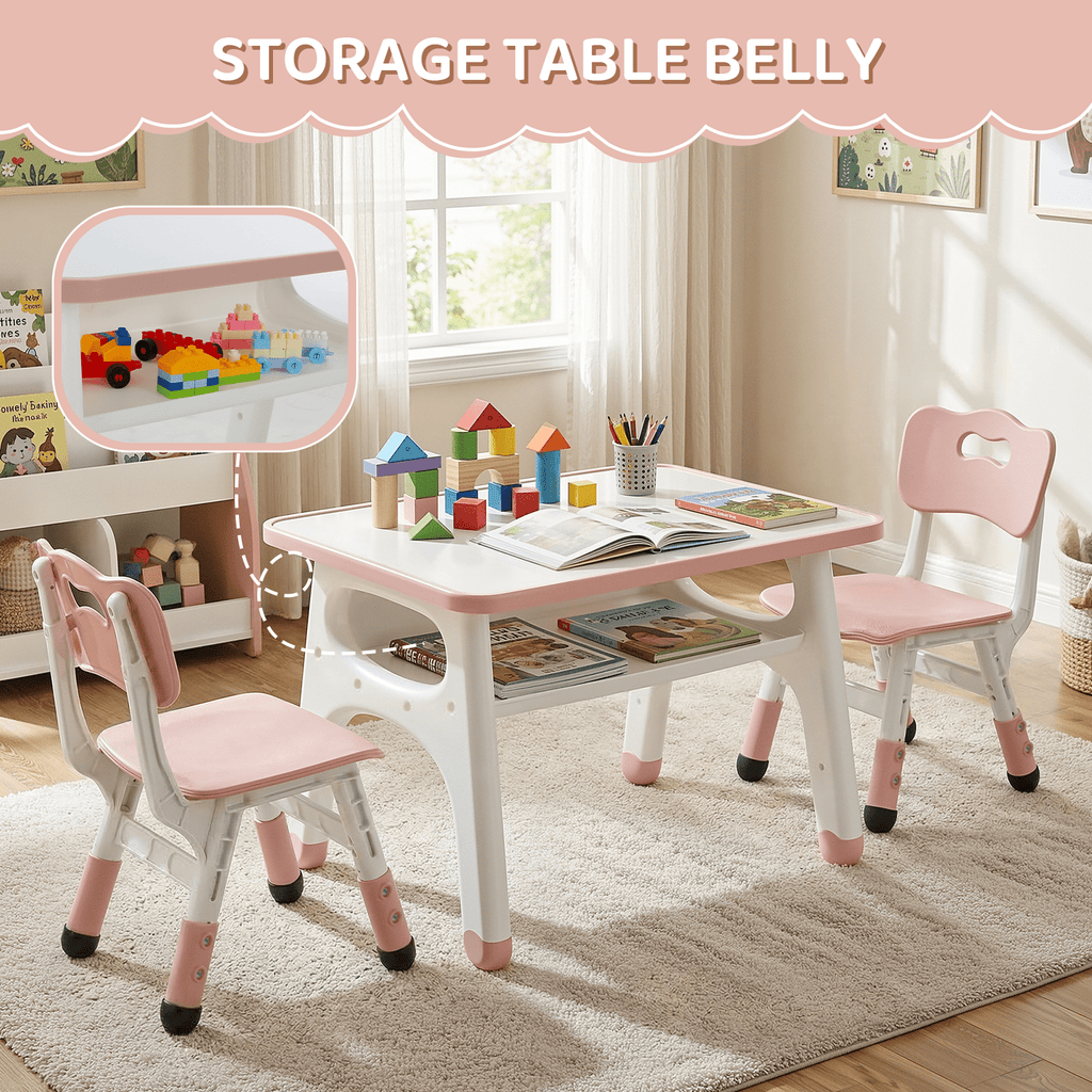 TLSUNNY Kids Table and 2 Chairs Set, Toddler Activity Table with Large Storage, Graffiti Desktop, Adjustable Height Chair with Anti-Slip Foot Covers, for Reading, Drawing, Snack Time
