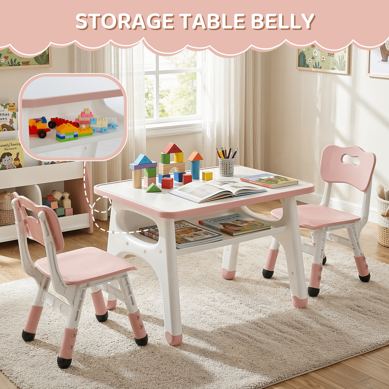 TLSUNNY Kids Table and 2 Chairs Set, Toddler Activity Table with Large Storage, Graffiti Desktop, Adjustable Height Chair with Anti-Slip Foot Covers, for Reading, Drawing, Snack Time