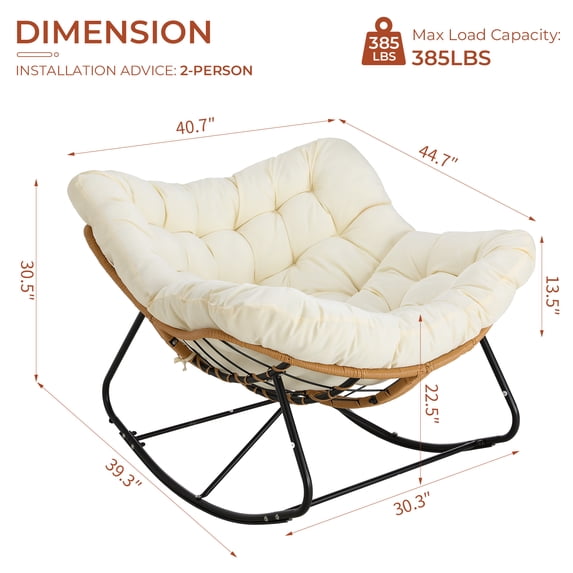 TLSUNNY Outdoor Rocking Chair, Oversized Patio Papasan Rocker, Comfy Wicker Reading Lounge, Indoor Egg Chair for Bedroom, Living Room, Lawn