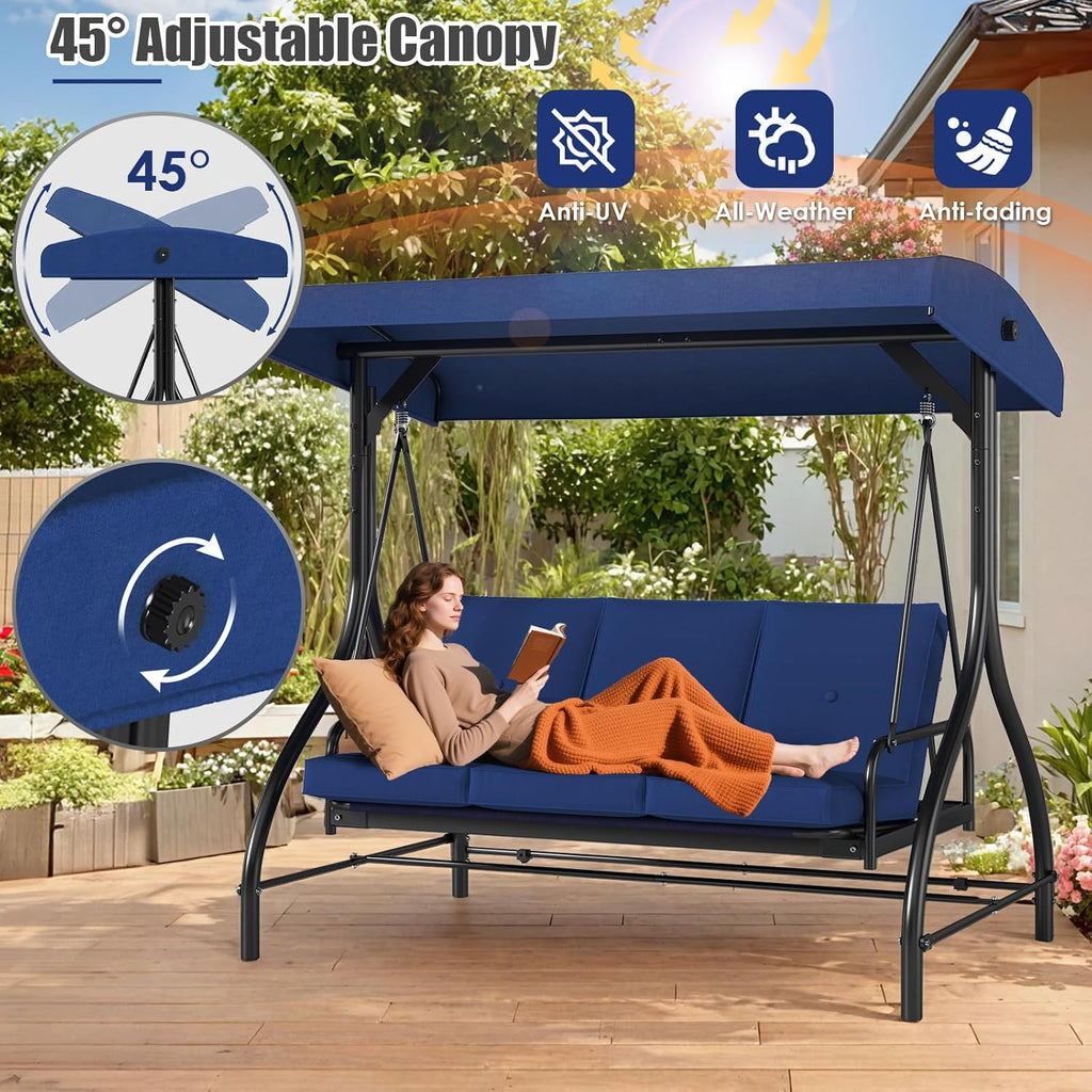 TLSUNNY Canopy Swing Chair Set, 3-Seat Outdoor Swing Chair with Stand & Removable Seat Cushion, for Patio, Backyard, Balcony Relaxation, Supports 750lbs