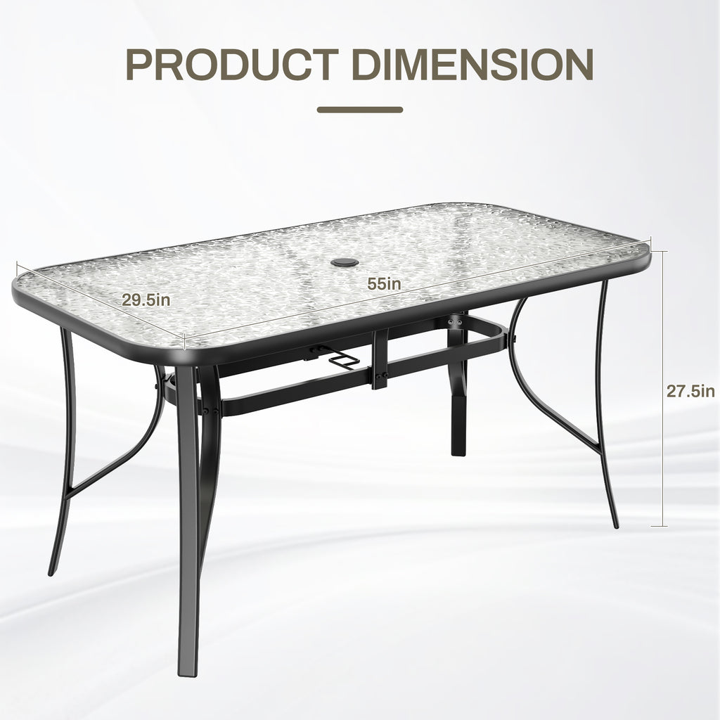 TLSUNNY Outdoor Dining Table with Umbrella Hole, Rectangular Glass Patio Table, Outdoor Metal Furniture for Outside, Garden, Balcony, Black
