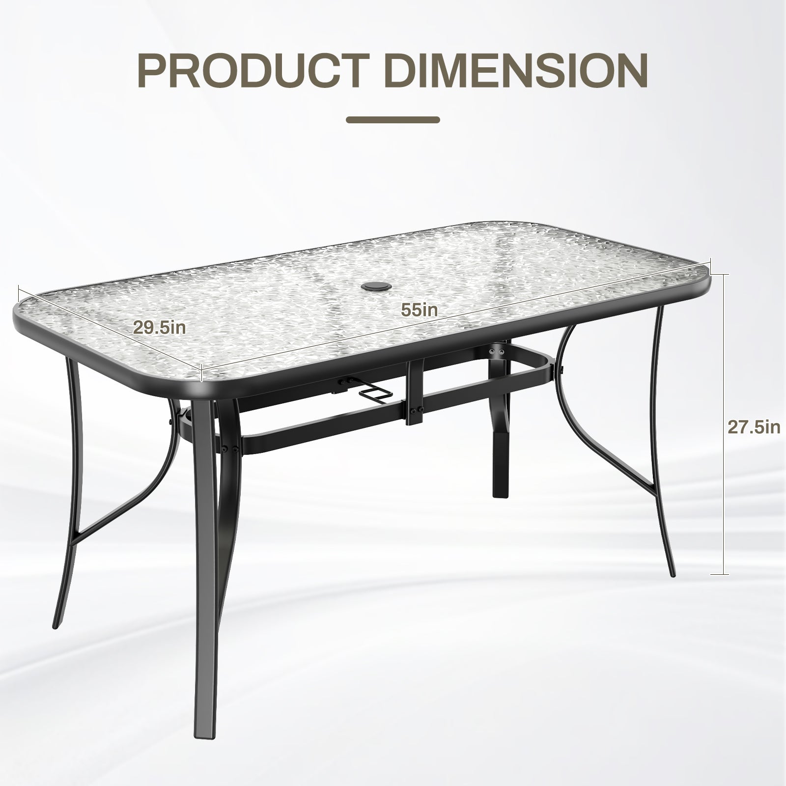 TLSUNNY Outdoor Dining Table with Umbrella Hole, Rectangular Glass Patio Table, Outdoor Metal Furniture for Outside, Garden, Balcony, Black
