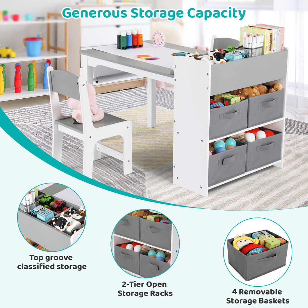 TLSUNNY Kids Art Table and 2 Chairs, Massive Storage, Toddler Craft Desk Set, w/ Paper Roll & 4 Storage Bins, Age 3+