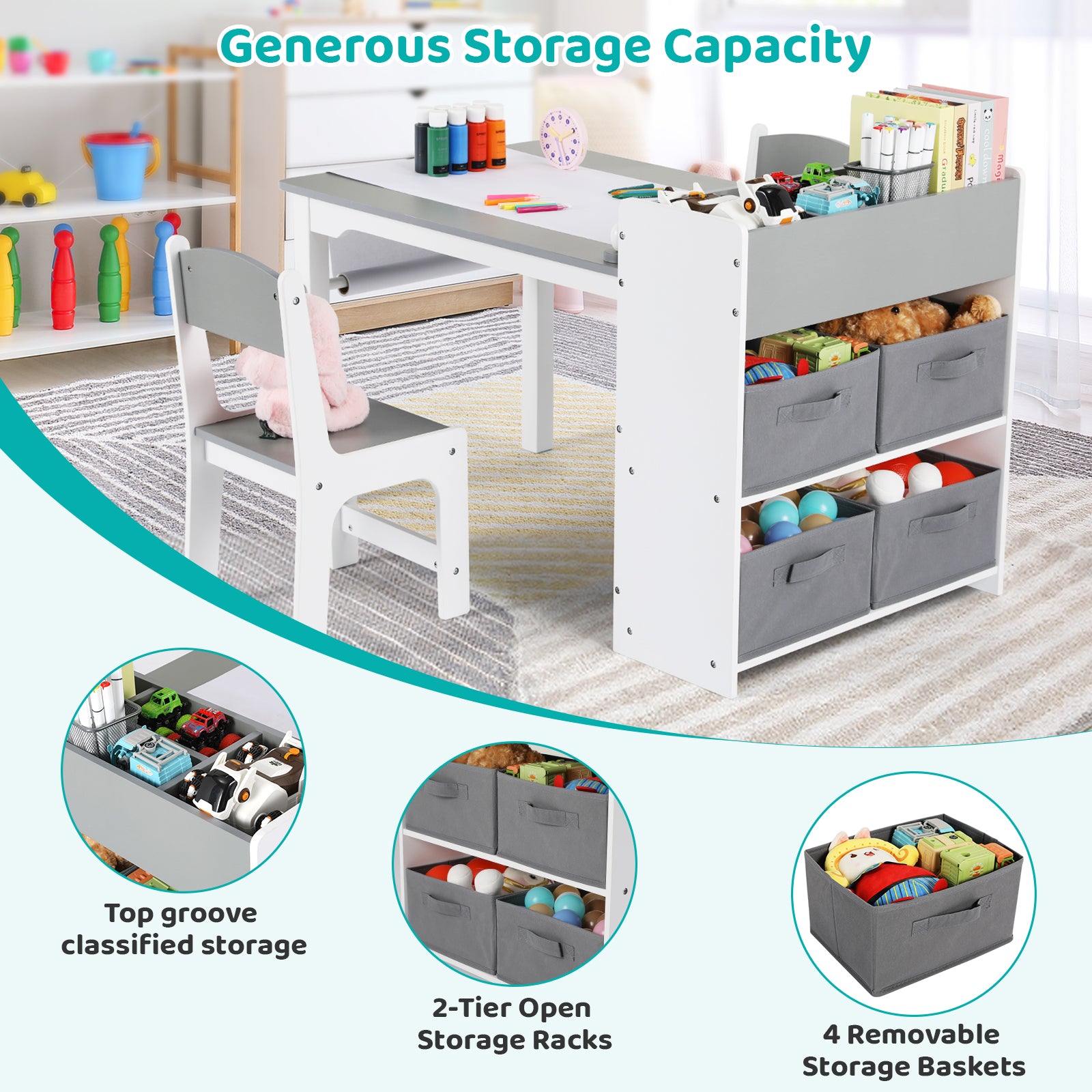 TLSUNNY Kids Art Table and 2 Chairs, Massive Storage, Toddler Craft Desk Set, w/ Paper Roll & 4 Storage Bins, Age 3+