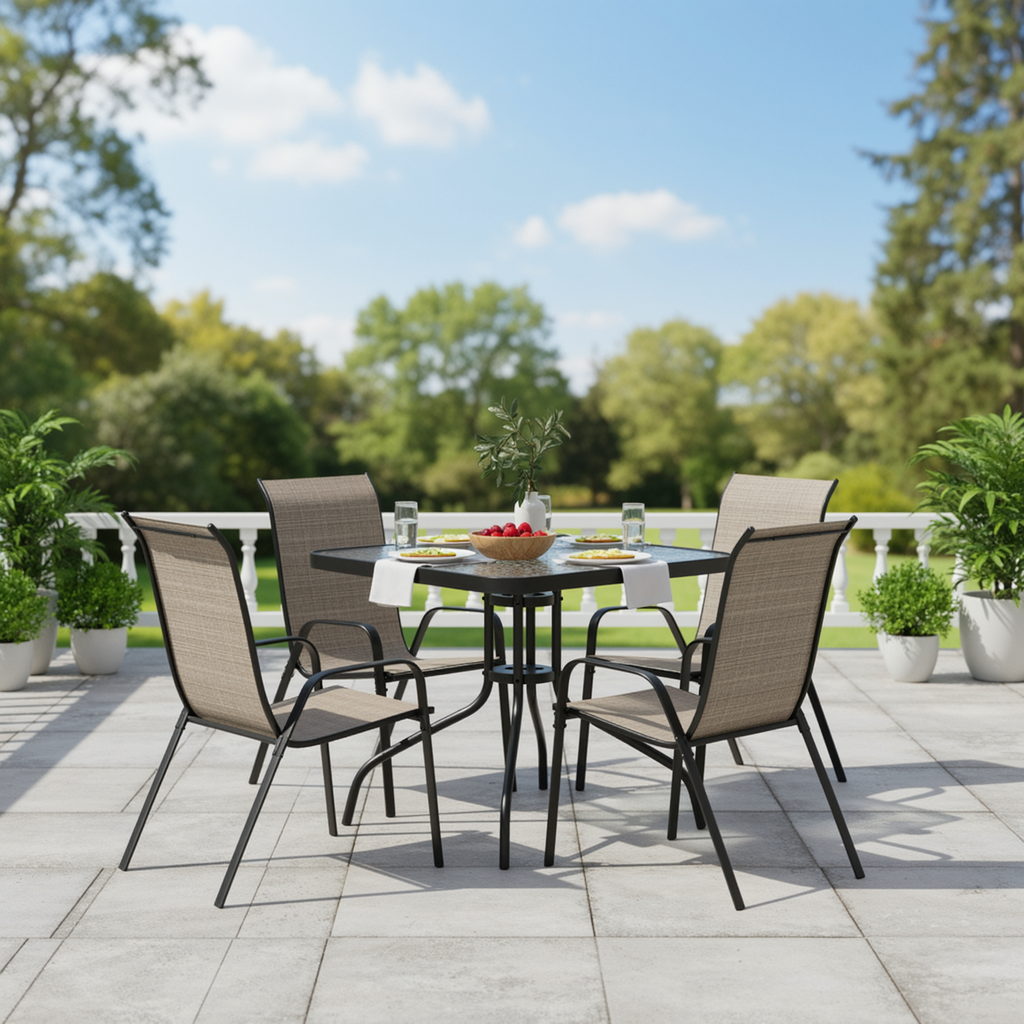 TLSUNNY Outdoor Dining Set of 5, Square Glass Top Table with Umbrella Hole and 4 Stackable Textilene Chairs, for Patio, Backyard, Porch, Lawn Use