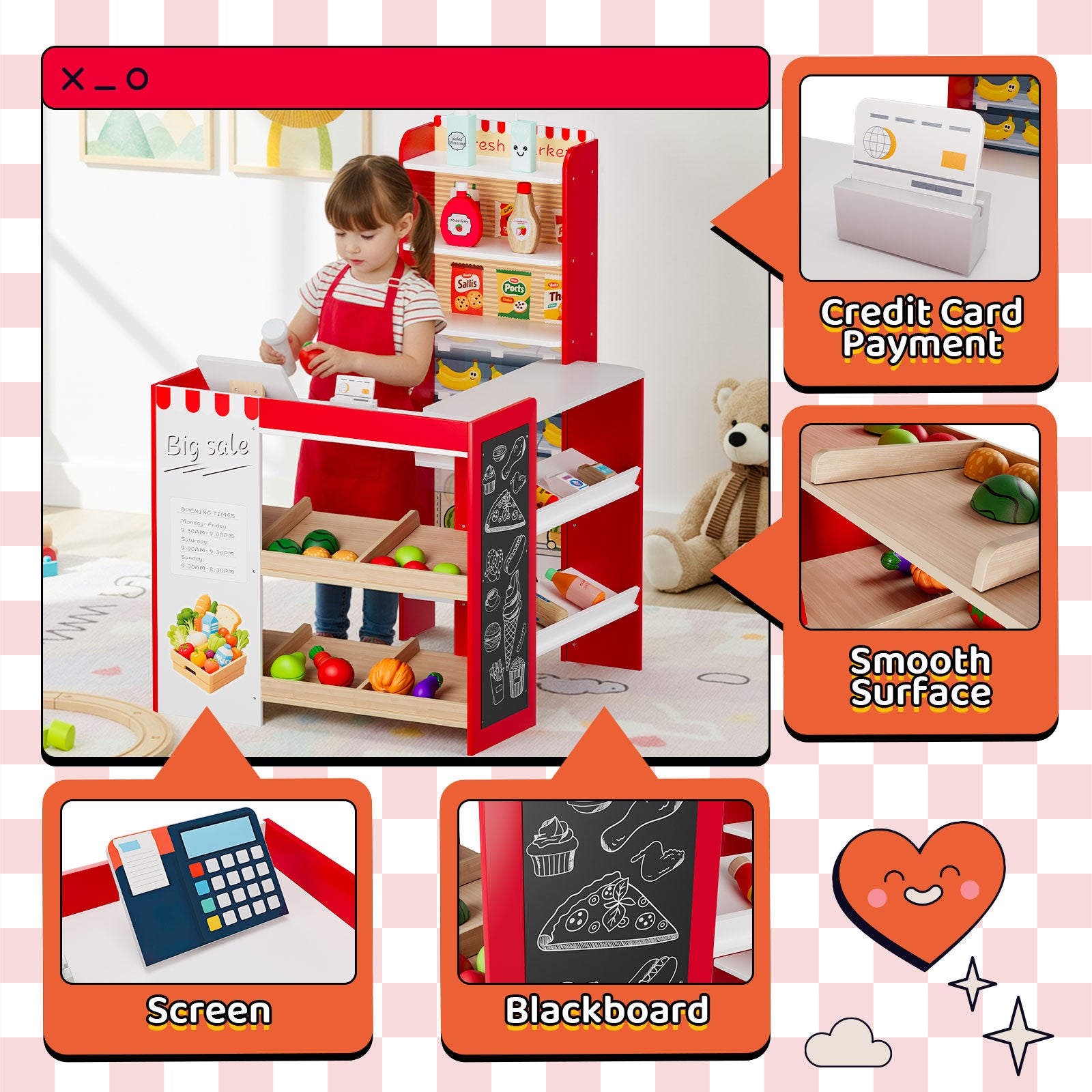 TLSUNNY Kids Pretend Play Grocery Store Playset, Wooden Supermarket Toy Set, Toddler Market Checkout Stand w/ Chalkboard, Cash Register, Shelves, Play Food Accessories