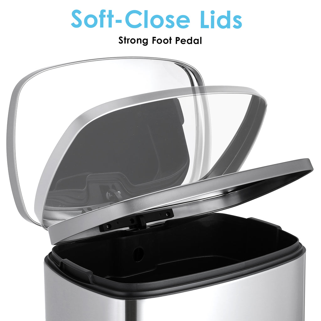 TLSUNNY 8/13.2 Gallon Step Trash Can, Stainless Steel Garbage Bin, Soft-Close Rubbish Bin with Removable Plastic Inner Bucket, Fingerprint-Proof, Lid Dustbin, Suit for Kitchen Home