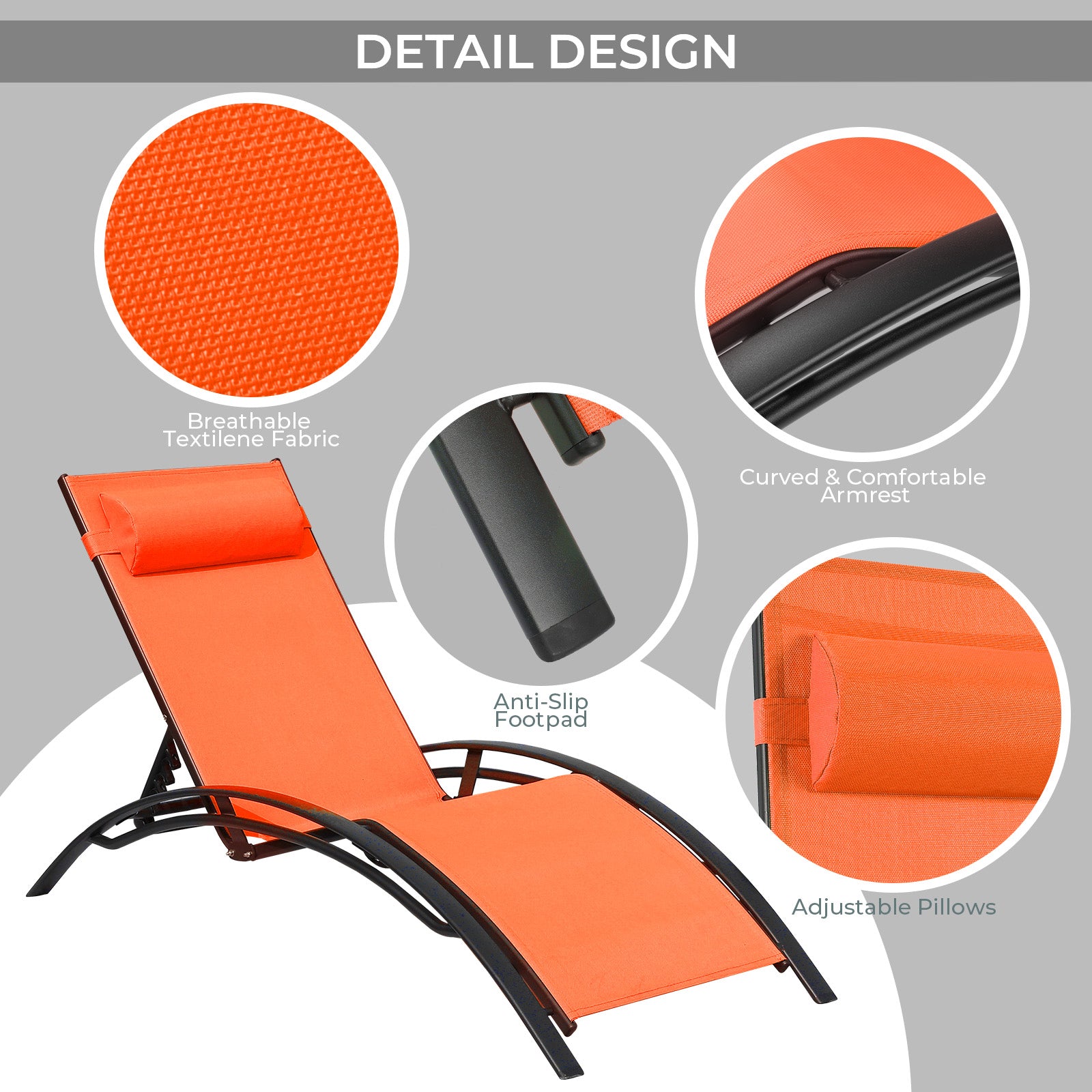 TLSUNNY Outdoor Lounge Set of 3, Aluminum Frame 2 Recliner Chairs & 1 Side Table with Adjustable Backrest and Removable Headrest, for Backyard, Pool, Patio Tanning