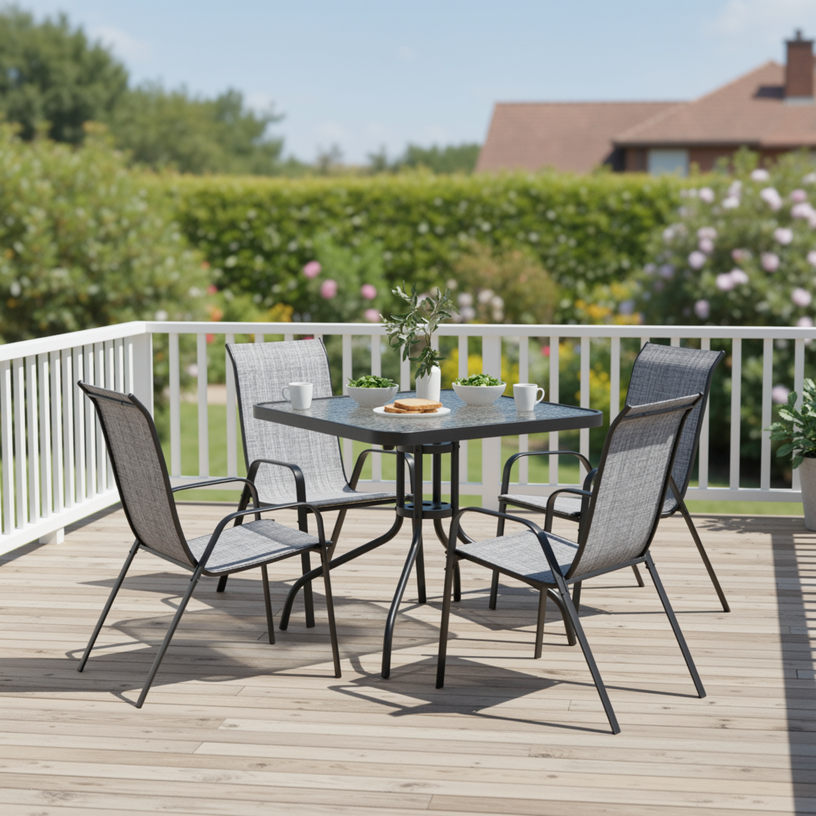 TLSUNNY Outdoor Dining Set of 5, Square Glass Top Table with Umbrella Hole and 4 Stackable Textilene Chairs, for Patio, Backyard, Porch, Lawn Use