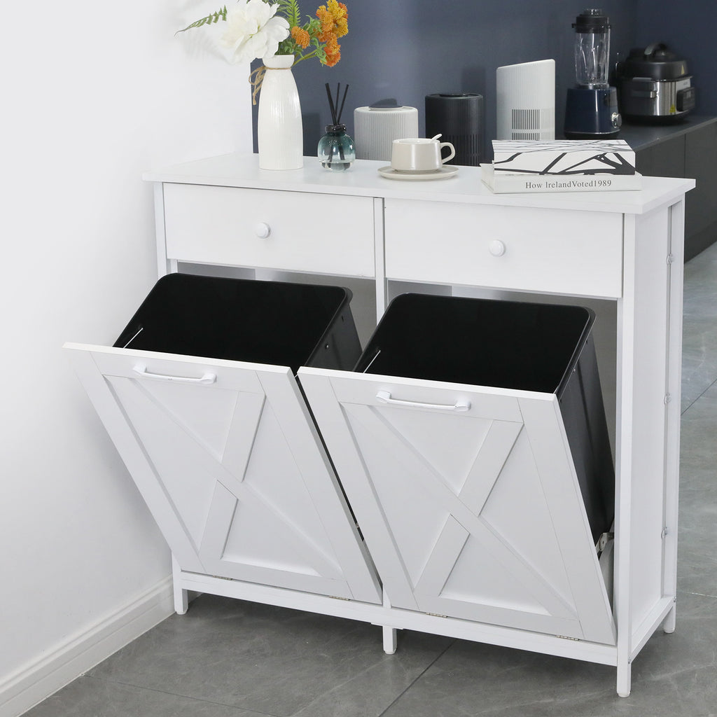 TLSUNNY Dual Tilt-Out Trash Cabinet, Freestanding Recycling Station with Drawer for Living Room/Kitchen