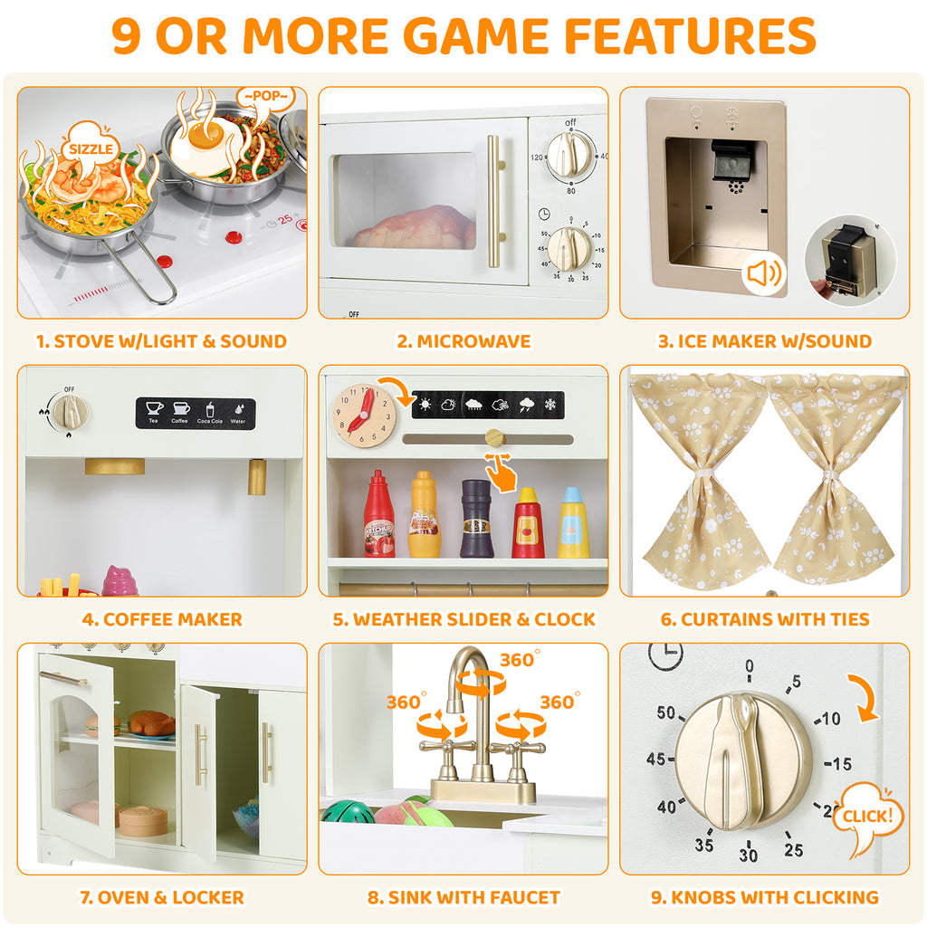 TLSUNNY Kids Play Kitchen with Realistic Lights & Sounds, Wooden Toy Pretend Play Kitchen Set w/ Sink, Faucet, Microwave, Curtain for Ages 3+