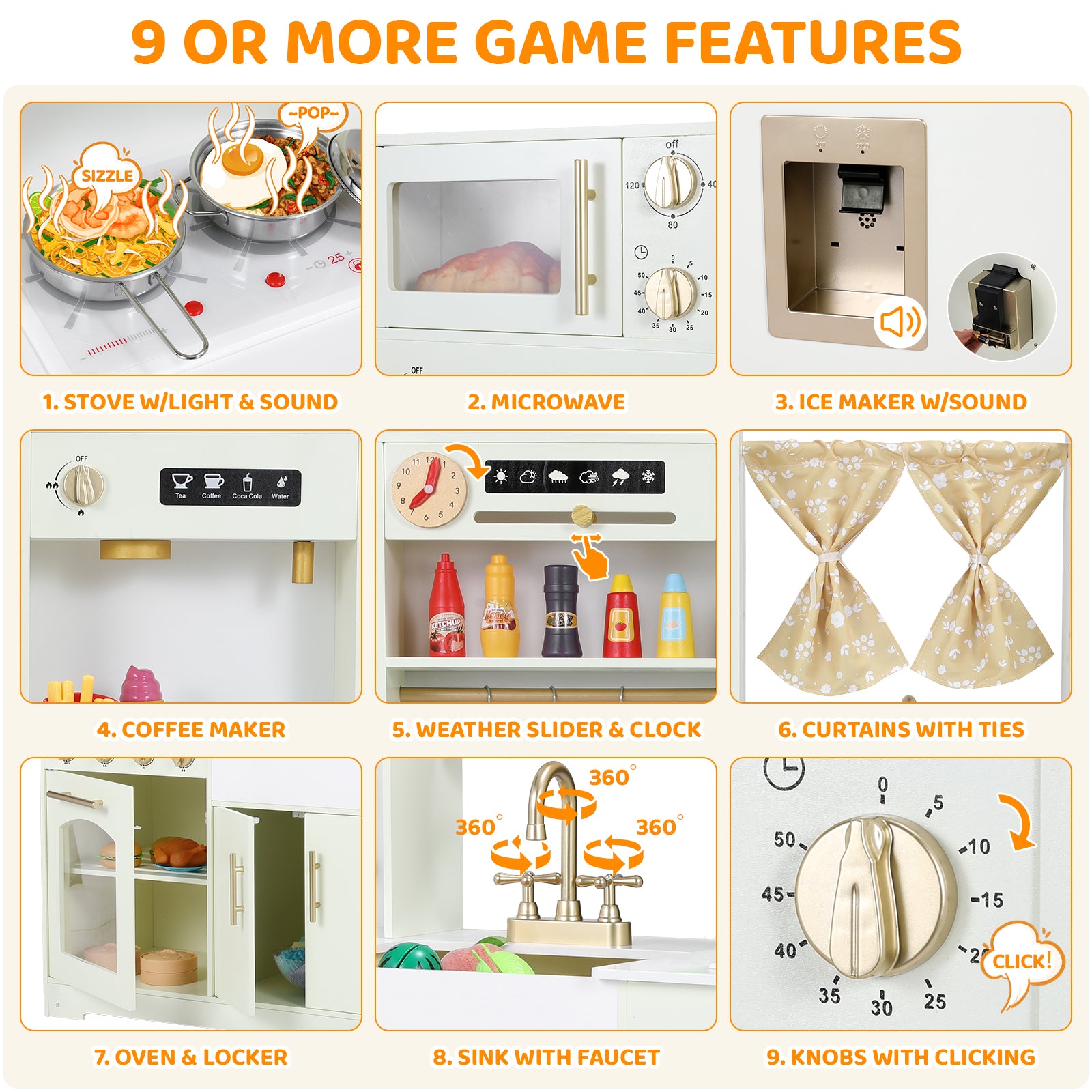 TLSUNNY Kids Play Kitchen with Realistic Lights & Sounds, Wooden Toy Pretend Play Kitchen Set w/ Sink, Faucet, Microwave, Curtain for Ages 3+