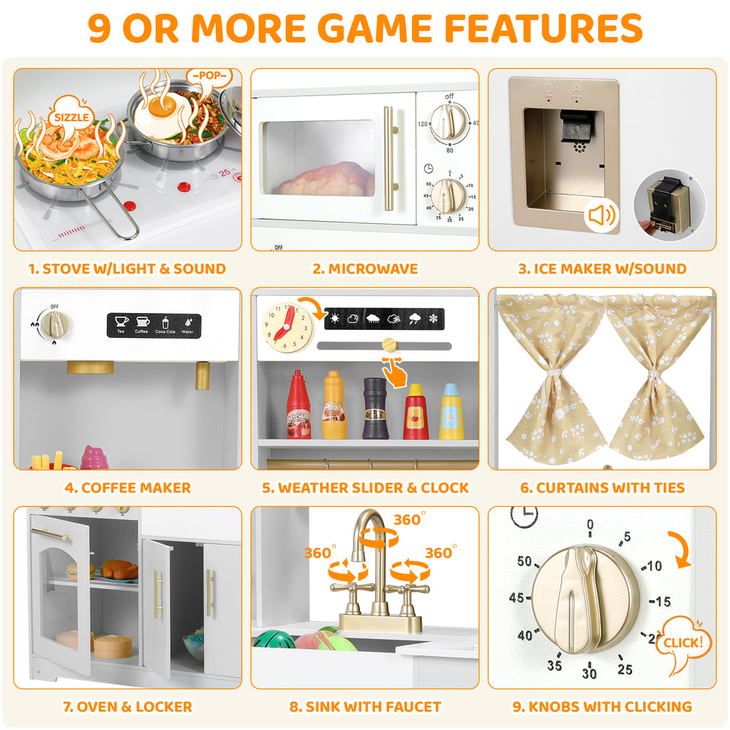 TLSUNNY Kids Play Kitchen with Realistic Lights & Sounds, Wooden Toy Pretend Play Kitchen Set w/ Sink, Faucet, Microwave, Curtain for Ages 3+