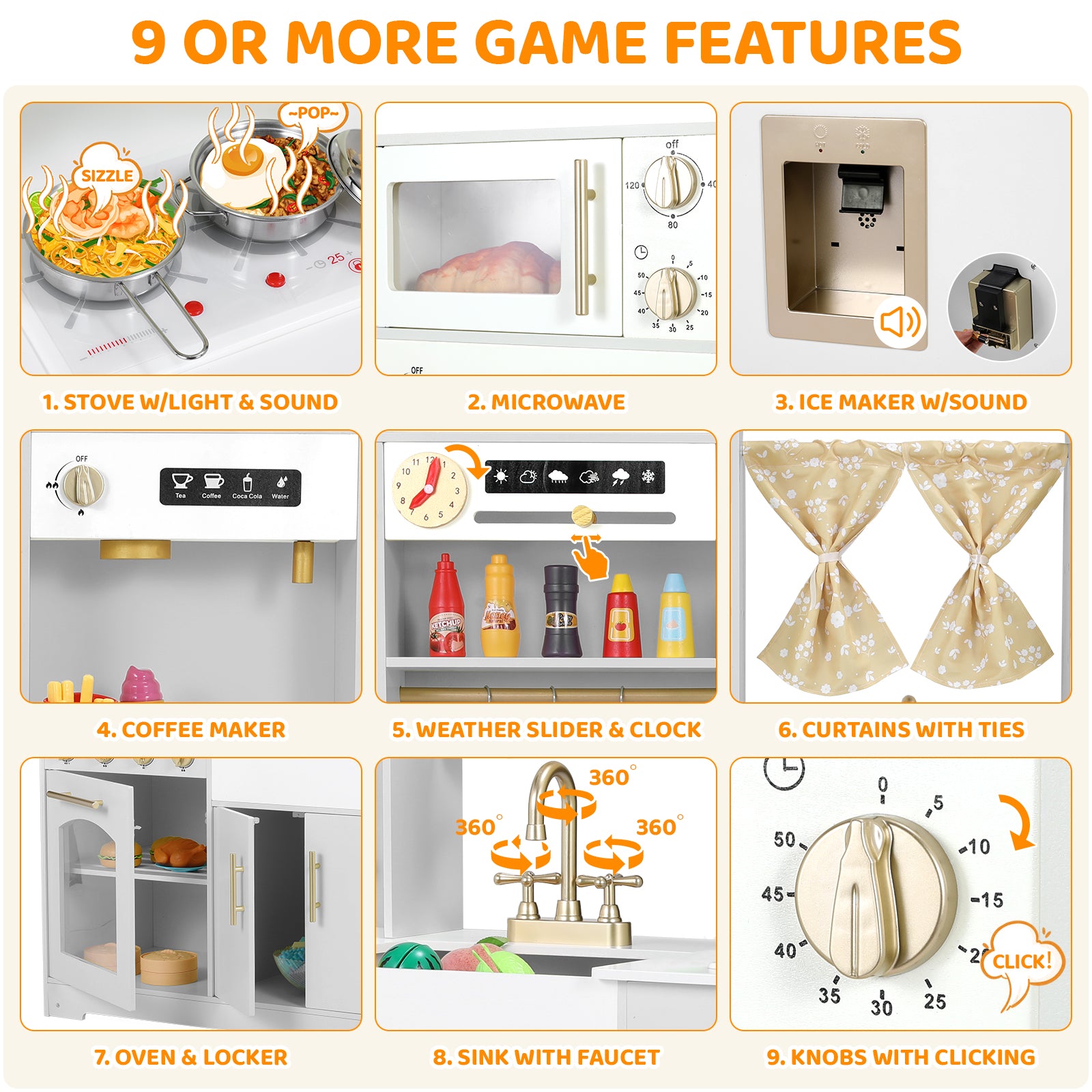 TLSUNNY Kids Play Kitchen with Realistic Lights & Sounds, Wooden Toy Pretend Play Kitchen Set w/ Sink, Faucet, Microwave, Curtain for Ages 3+