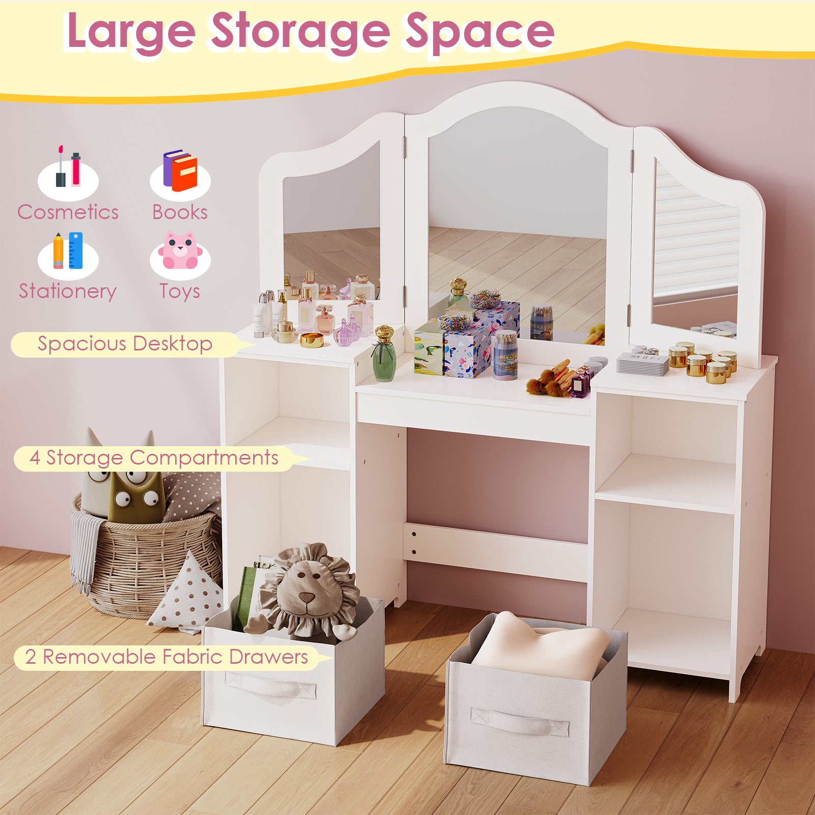 TLSUNNY Kids Vanity Set, Toddler Princess Makeup Desk & Stool Set w/ Tri-Fold Mirror Storage Drawers, for Girls