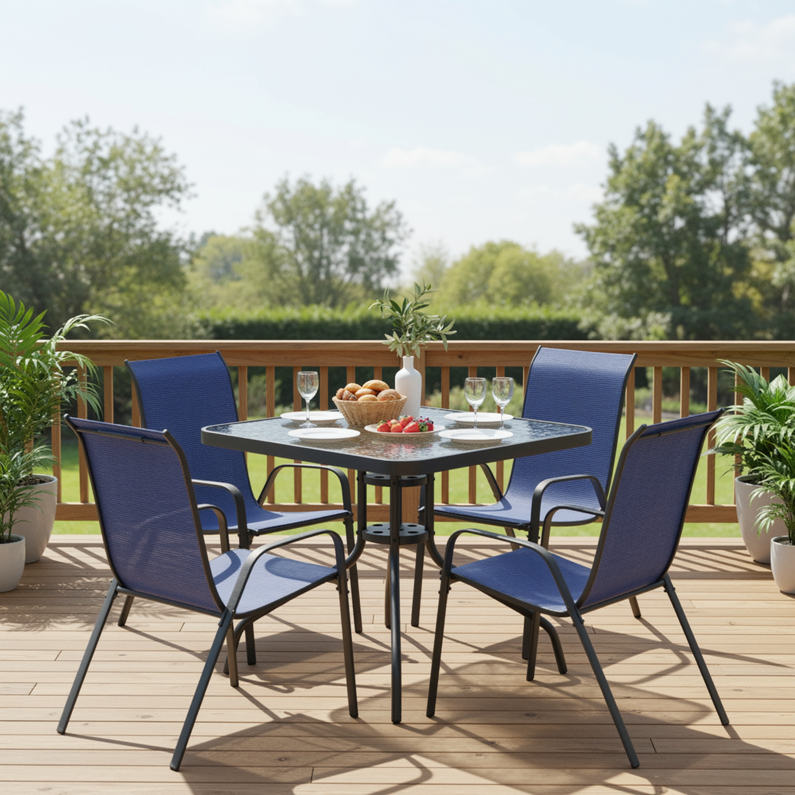 TLSUNNY Outdoor Dining Set of 5, Square Glass Top Table with Umbrella Hole and 4 Stackable Textilene Chairs, for Patio, Backyard, Porch, Lawn Use