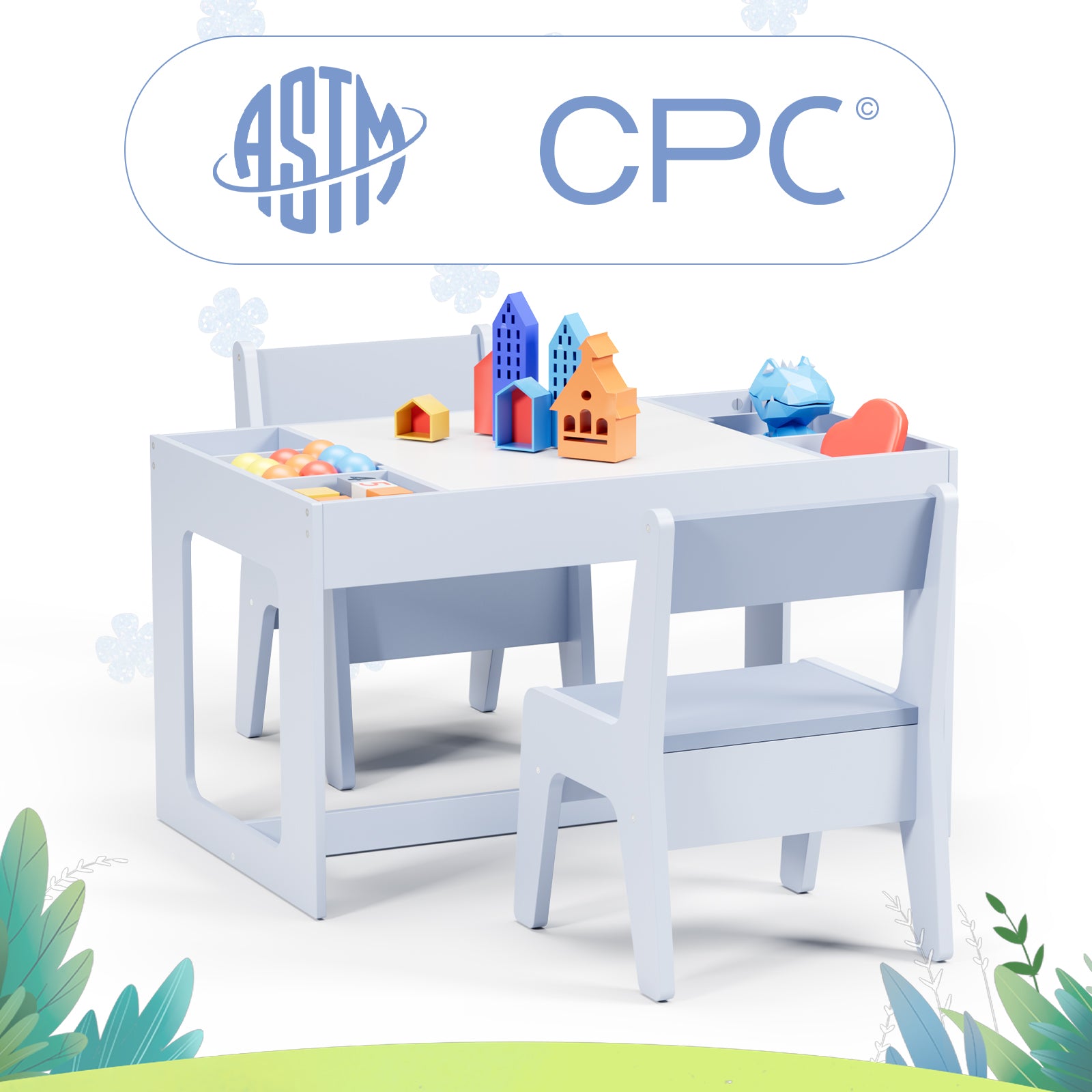 TLSUNNY Kids Table and Chairs Set with Storage, Children's Wooden Drawing Table, w/ Reversible Top & Chalkboard, for Home, Playroom, Nursery