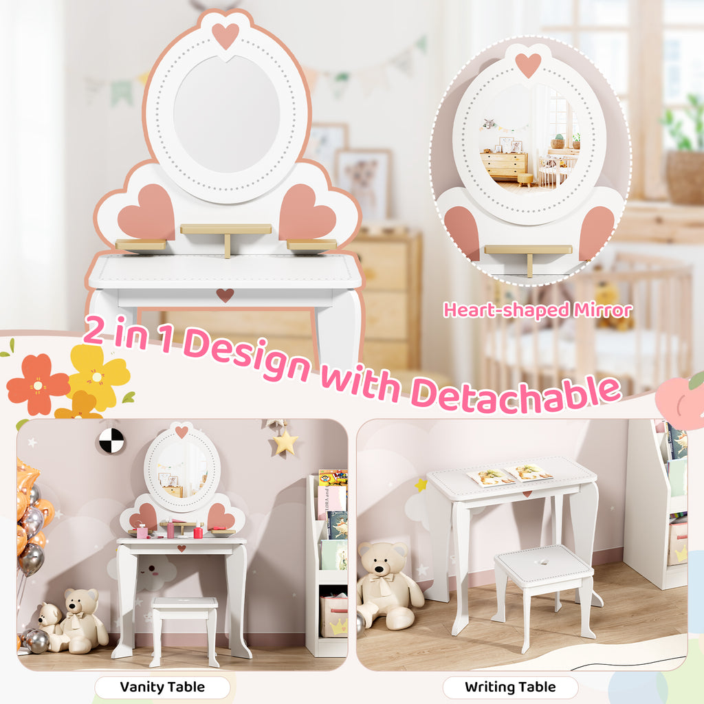 TLSUNNY Kids Princess Vanity Set, Make Up Table and Stool Play Set for Girls, Toddler Wooden Makeup Toys with 8 Pcs Accessories for Pretend Play