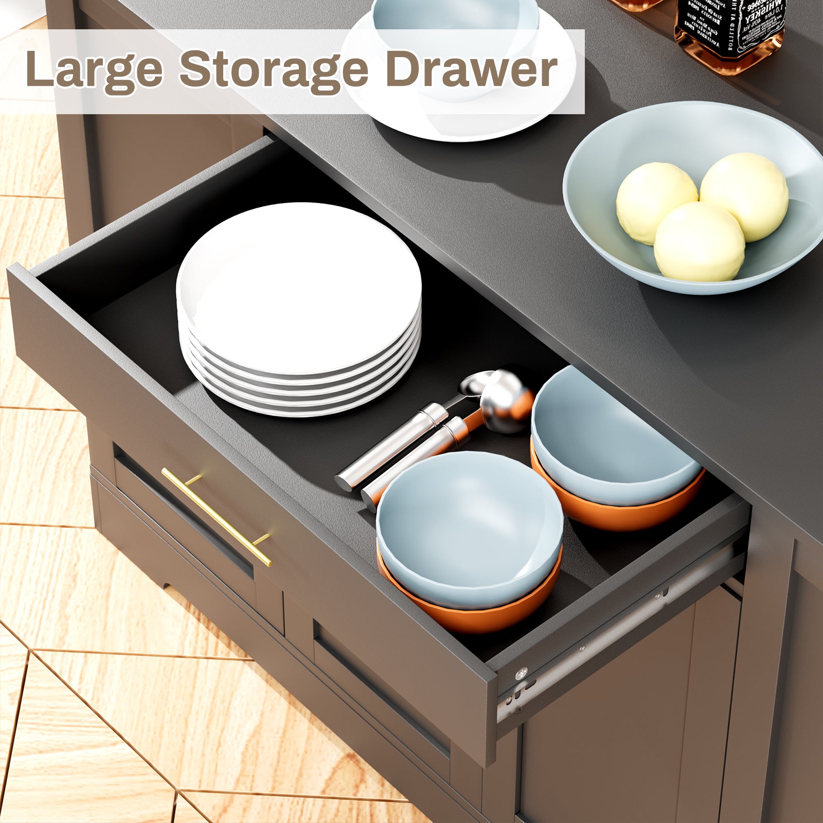 TLSUNNY 53" Kitchen Island w/ 13 Gal Trash Can Storage Cabinet, Portable Kitchen Island, Open Side Shelves and Drawer