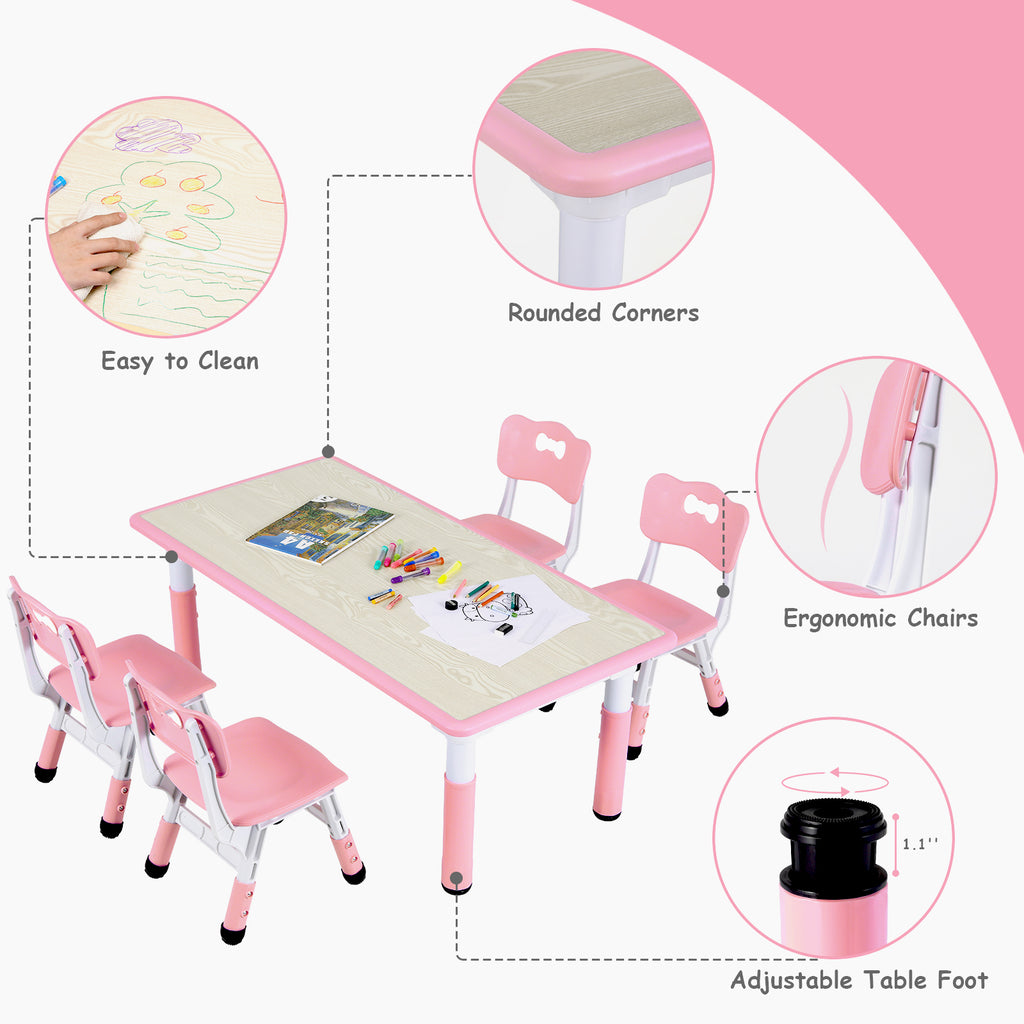 TLSUNNY Kids Table and 4 Chairs, Adjustable Height Childrens Activity Set with Graffiti Desktop & Anti-Slip Legs, for Daycare Classroom Home