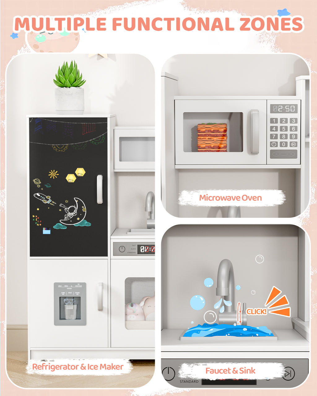 TLSUNNY Toddler Wooden Play Kitchen, with Chalk Board, Washer Dryer, Stove Sound & Range Hood, Cookware for Kids Ages 3+