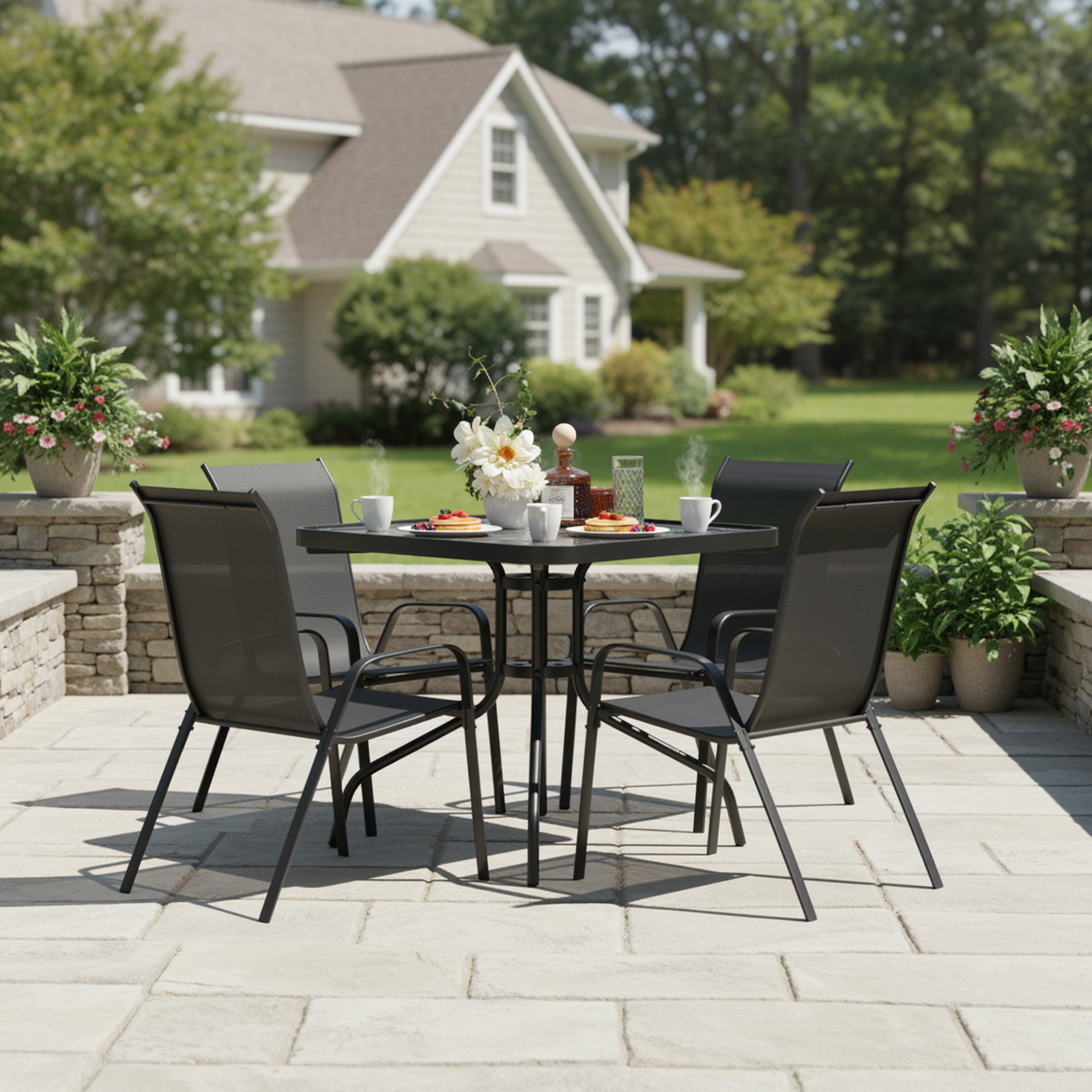 TLSUNNY Outdoor Dining Set of 5, Square Glass Top Table with Umbrella Hole and 4 Stackable Textilene Chairs, for Patio, Backyard, Porch, Lawn Use