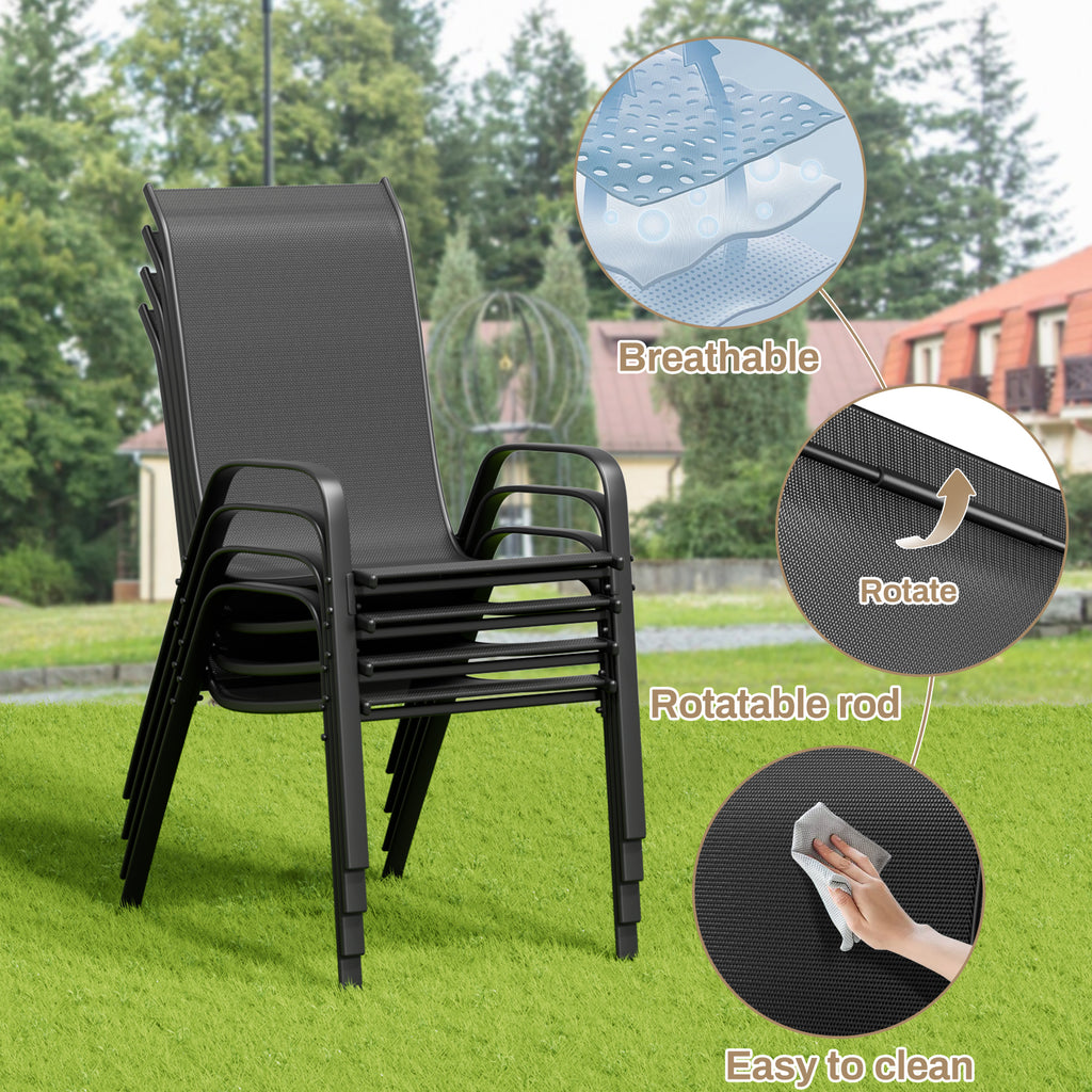 TLSUNNY Outdoor Dining Set of 5, Square Glass Top Table with Umbrella Hole and 4 Stackable Textilene Chairs, for Patio, Backyard, Porch, Lawn Use