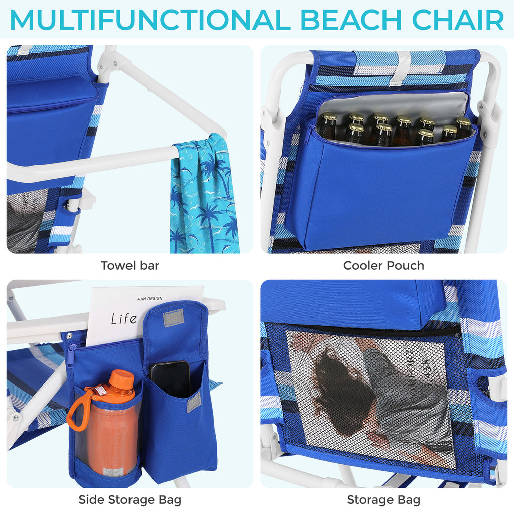 TLSUNNY Backpack Beach Chair Set of 1/2, Outdoor 5-Level Adjustable Folding Chair, w/ Cup Holder, Headrest, Storage Bag, Cooler Pouch, for Camping