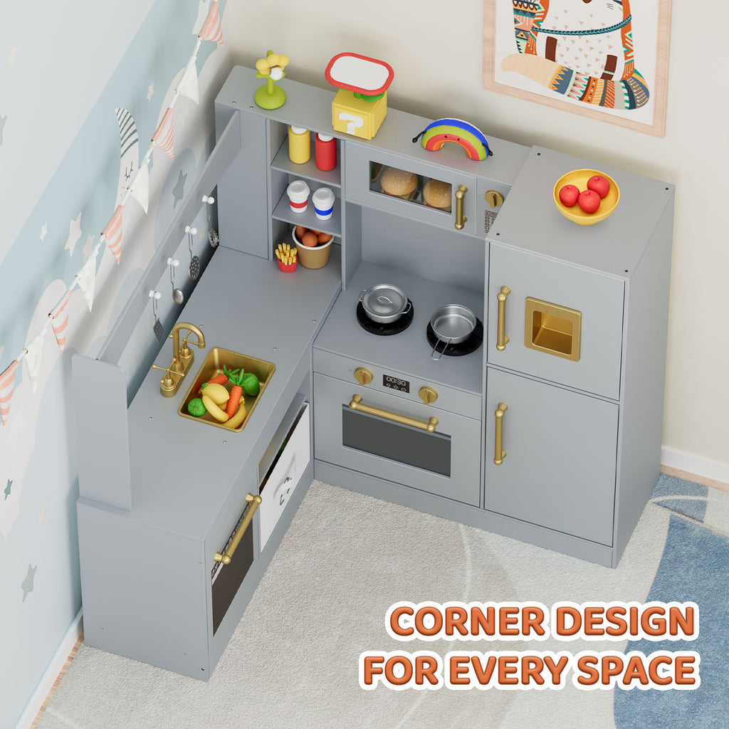 TLSUNNY Corner Play Kitchen with Lights & Sounds, Sink, Fridge, Microwave & Storage, Wooden Toddler Toy for Ages 3+