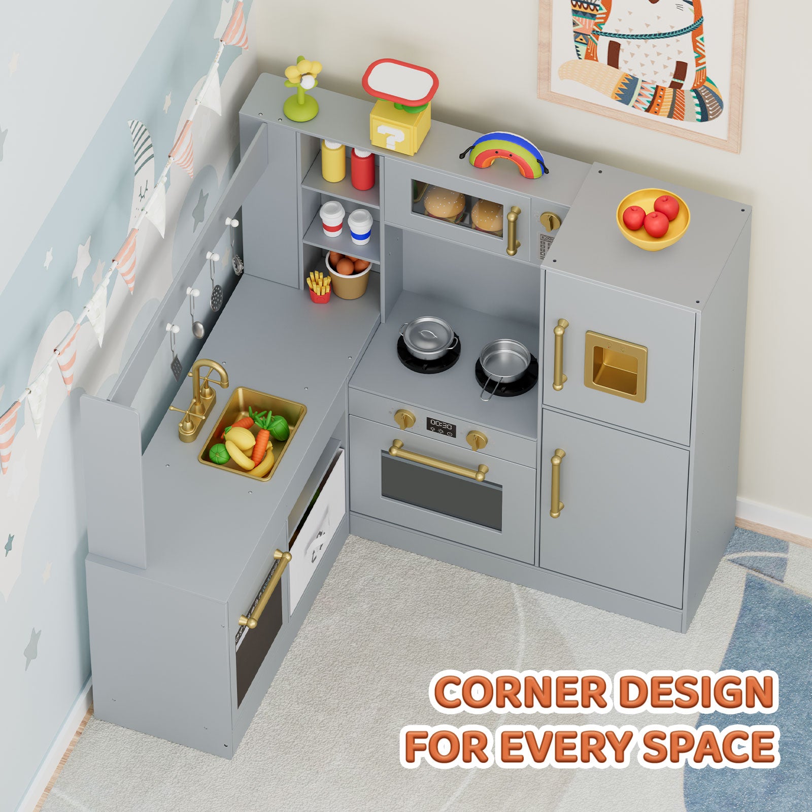 TLSUNNY Corner Play Kitchen with Lights & Sounds, Sink, Fridge, Microwave & Storage, Wooden Toddler Toy for Ages 3+