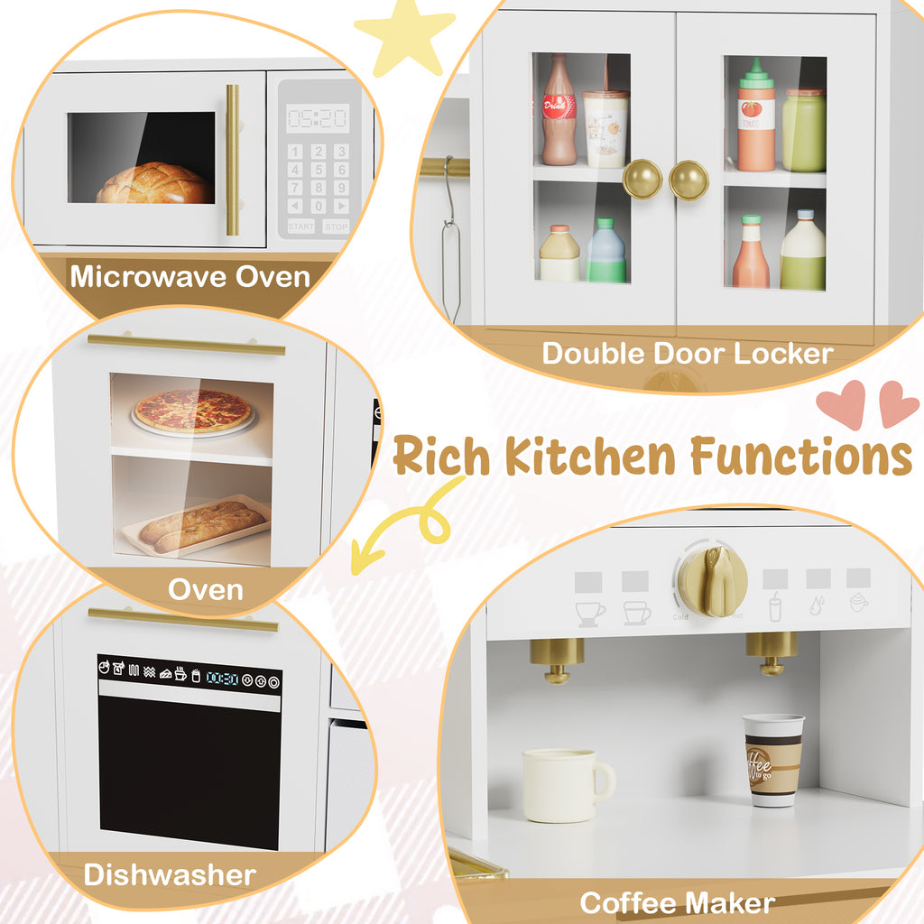 TLSUNNY Kids Play Kitchen, Wooden Pretend Cooking Play Toy Set with Cookware Accessories, Sink, Microwave and Realistic Light & Sounds, Gifts for Age 3+
