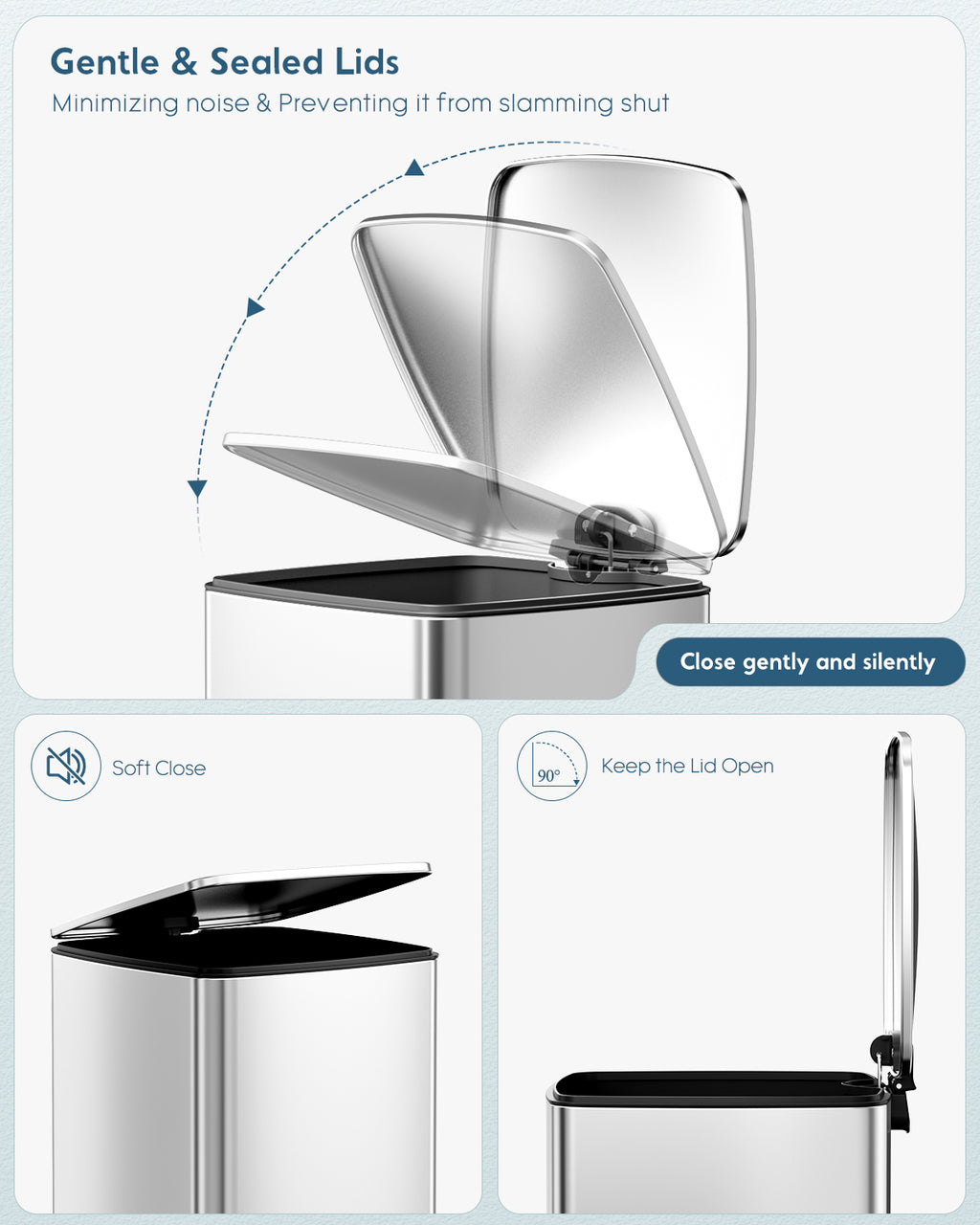 TLSUNNY 8 Gal/30L Square Trash Can, Fingerprint-Proof Stainless Steel Step Garbage Bin, Soft-Close Lid & Removable Bucket for Kitchen, Office, Home