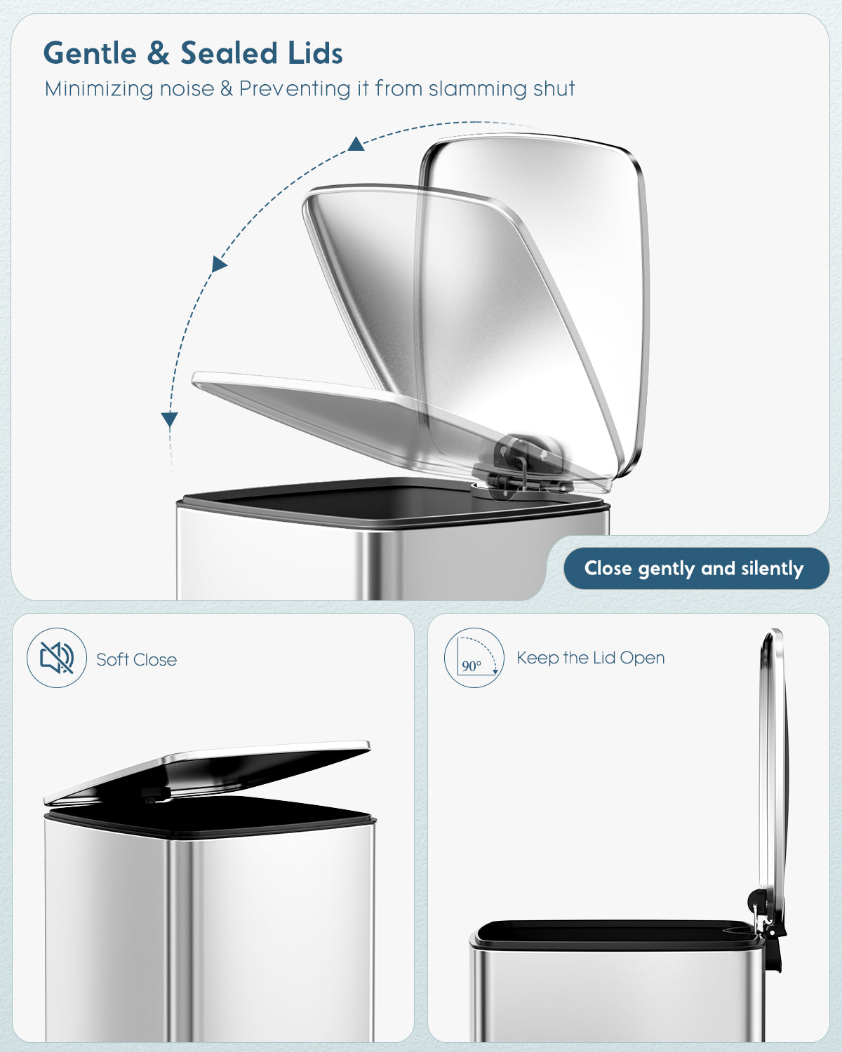 TLSUNNY 8 Gal/30L Square Trash Can, Fingerprint-Proof Stainless Steel Step Garbage Bin, Soft-Close Lid & Removable Bucket for Kitchen, Office, Home