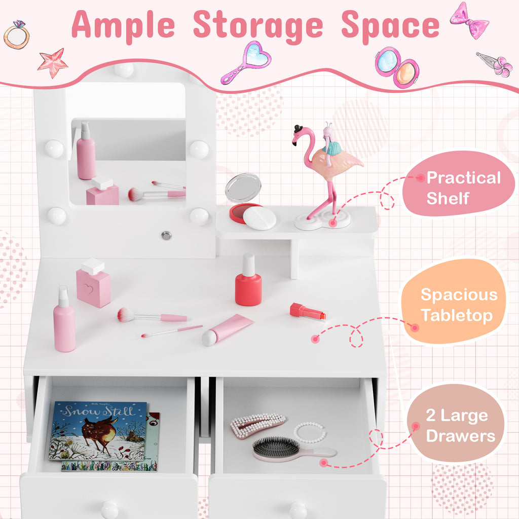 TLSUNNY Toddler Princess Vanity Set with Lights, Wooden Makeup Table and Chair with Mirror and 2 Storage Drawers, Gift for Little Girls