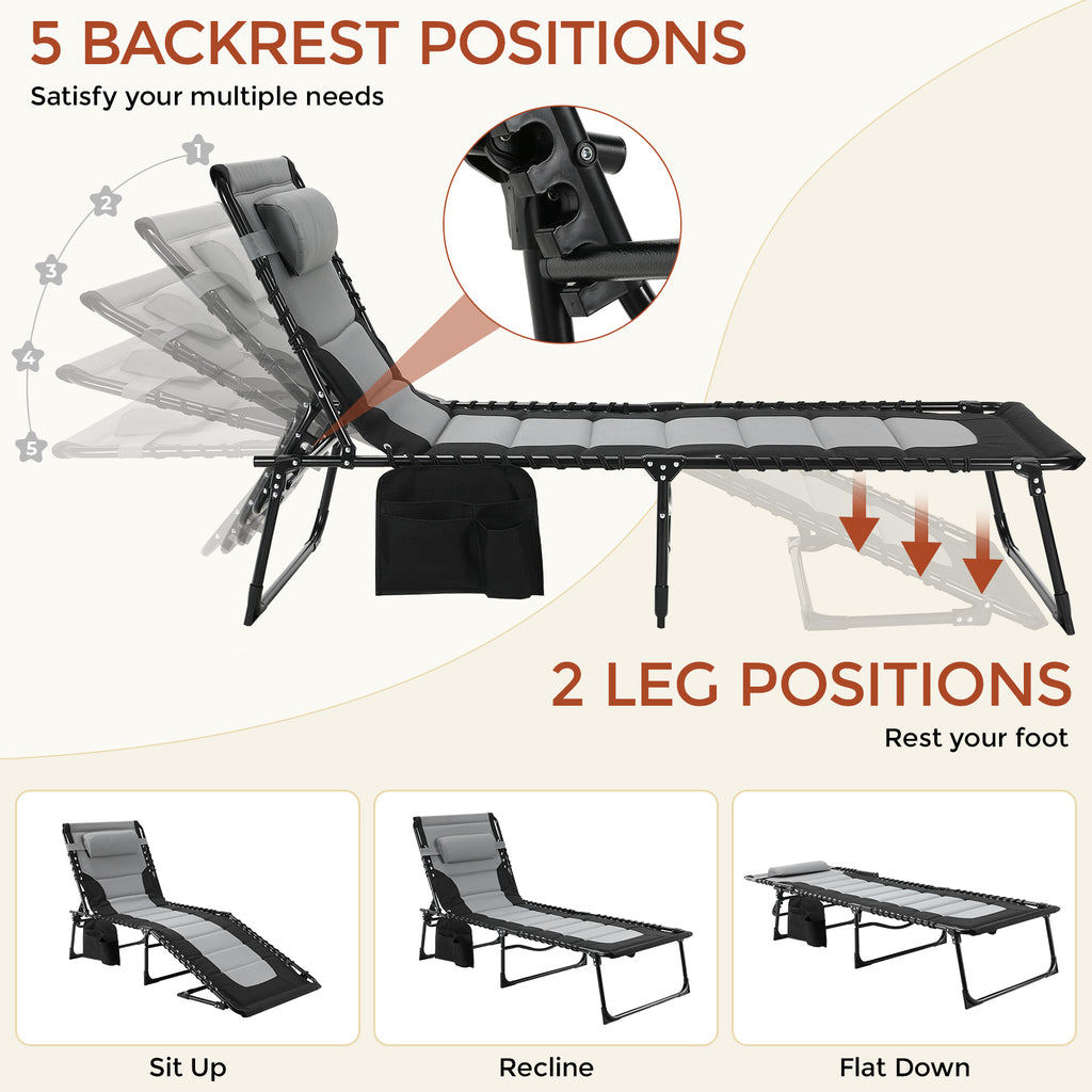 TLSUNNY Outdoor Folding Lounge Chair, Portable Adjustable Back & Leg Chaise Lounges with Pillow, Side Pocket, Carrying Handle, for Patio, Office