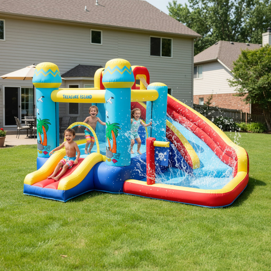 TLSUNNY Inflatable Bounce House for Kids, with Slide & Splash Pool, Summer Backyard Activity