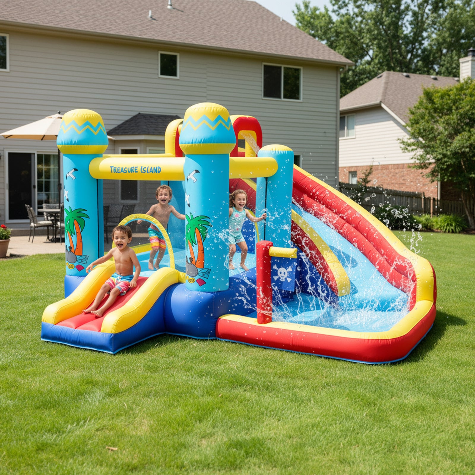 TLSUNNY Inflatable Bounce House for Kids, with Slide & Splash Pool, Summer Backyard Activity
