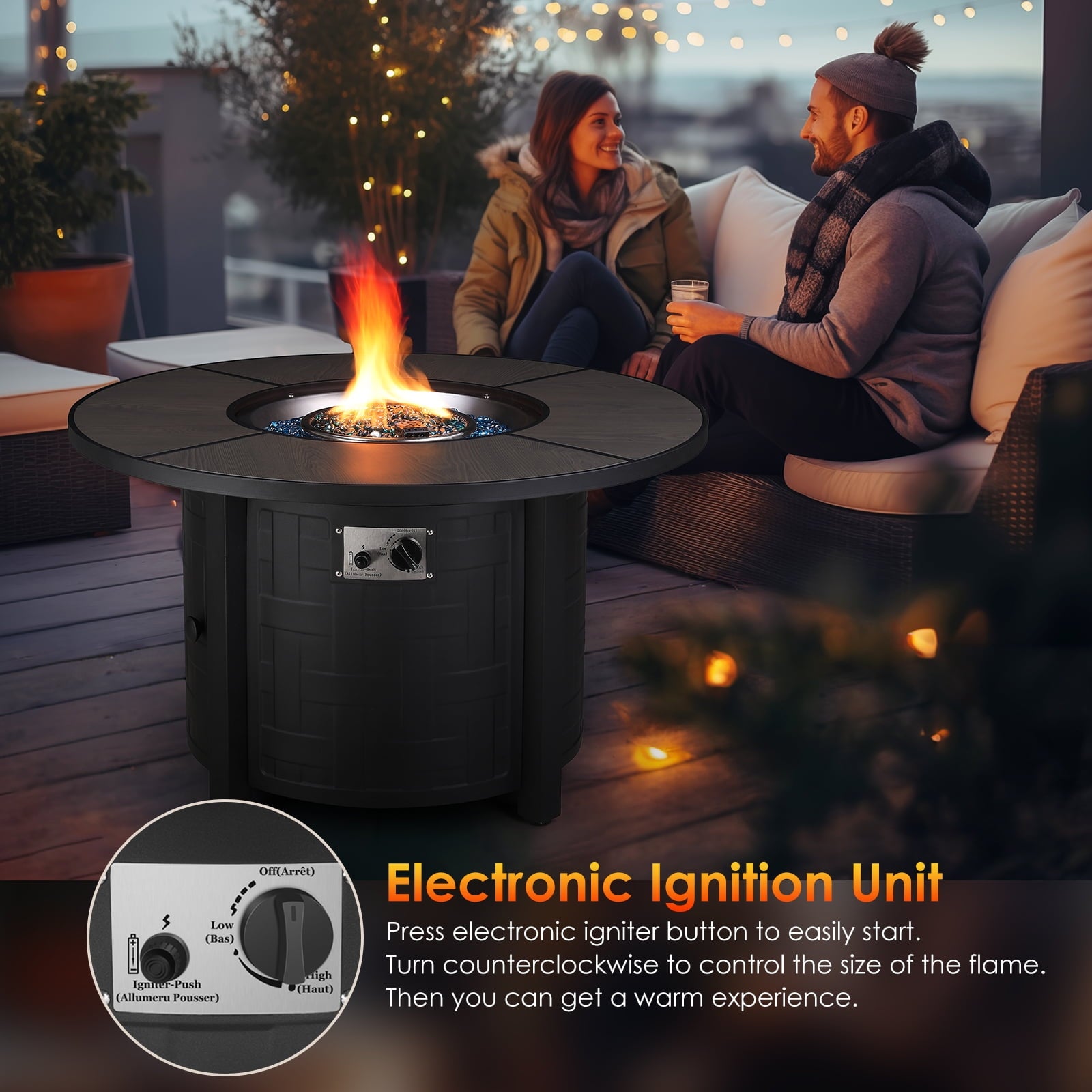 TLSUNNY 42‘’ Round Propane Fire Pit Table, 50,000 BTU Steel Firepit with Metal Lid, Waterproof Cover, Auto-Ignition, for Patio/Backyard