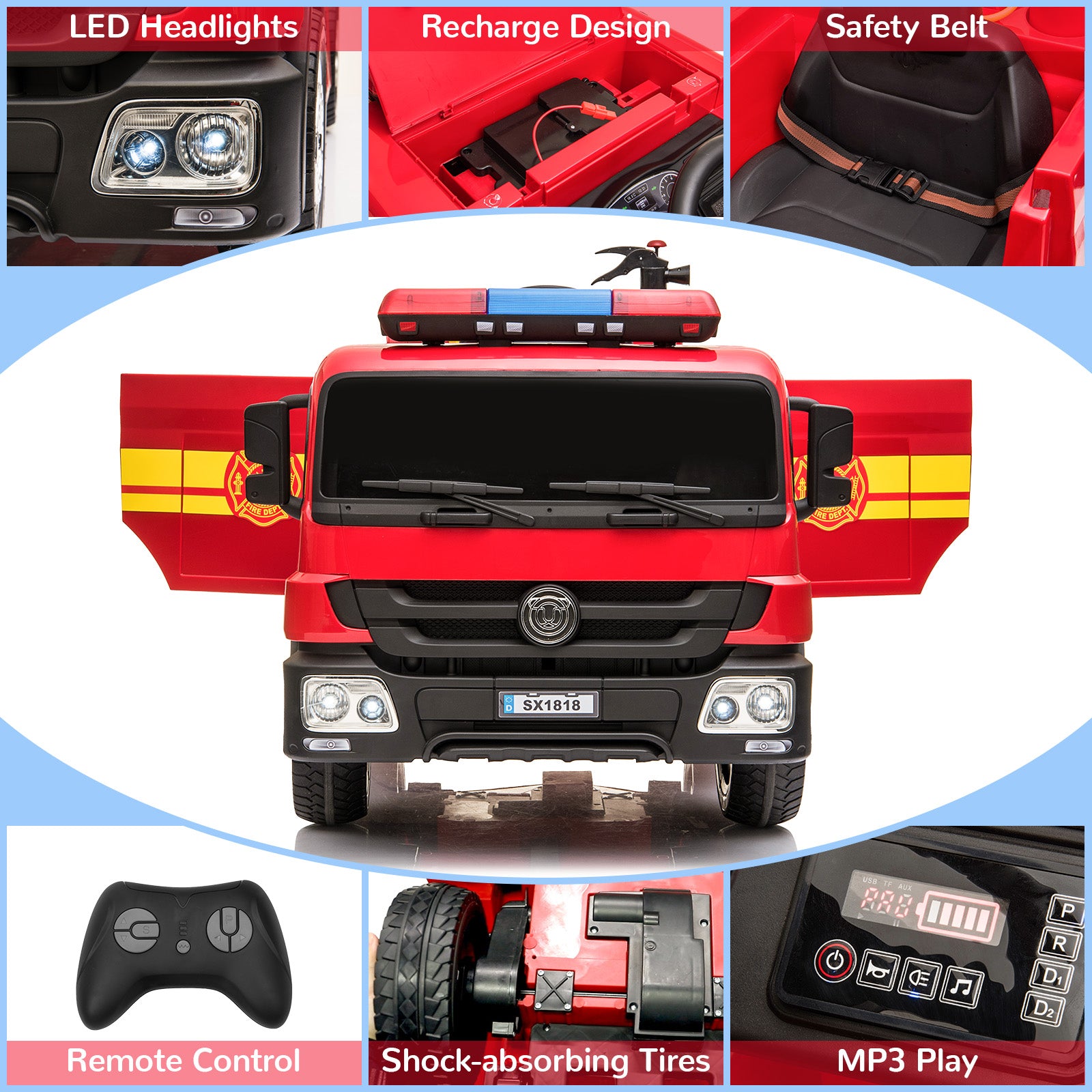 TLSUNNY 12V Ride on Fire Truck, w/Parent Remote Control,  Siren-Call, Flashing Lights, Fire Extinguishers, for Kids Age 3+