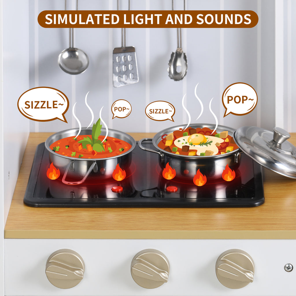 TLSUNNY Kids Play Kitchen, Wooden Kitchen Playset w/ Realistic Light & Sound and Cooking Accessories