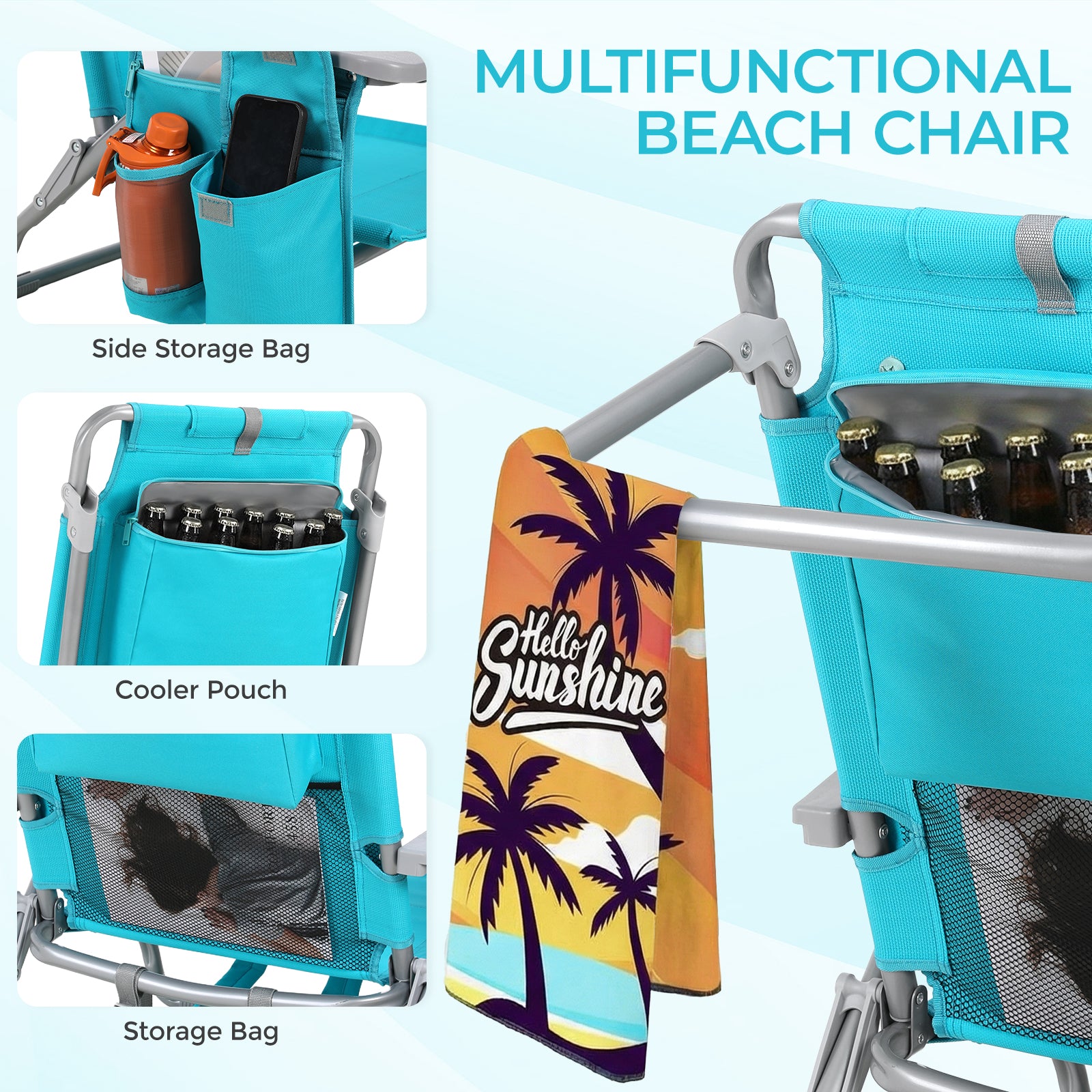 TLSUNNY Backpack Beach Chair Set of 1/2, Outdoor 5-Level Adjustable Folding Chair, w/ Cup Holder, Headrest, Storage Bag, Cooler Pouch, for Camping