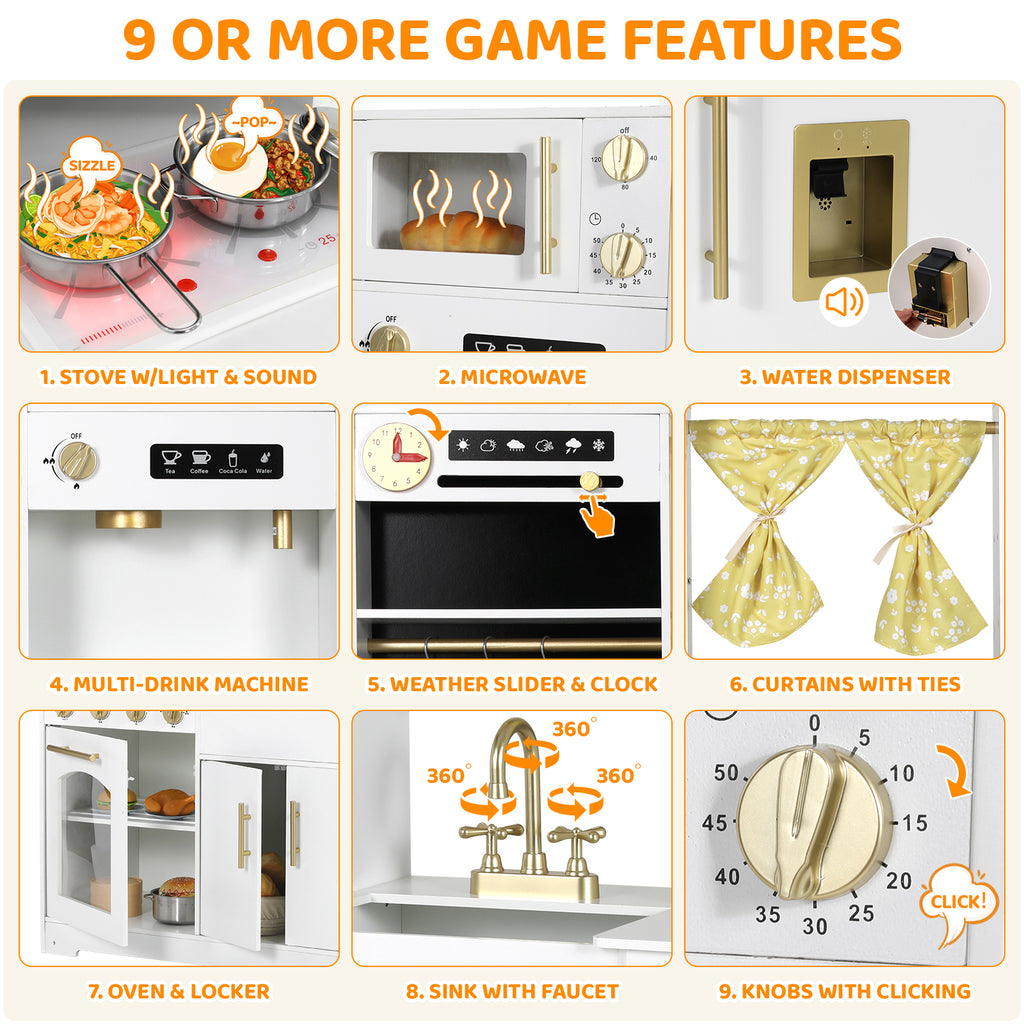 TLSUNNY Kids Play Kitchen with Realistic Lights & Sounds, Wooden Toy Pretend Play Kitchen Set w/ Sink, Faucet, Microwave, Curtain for Ages 3+