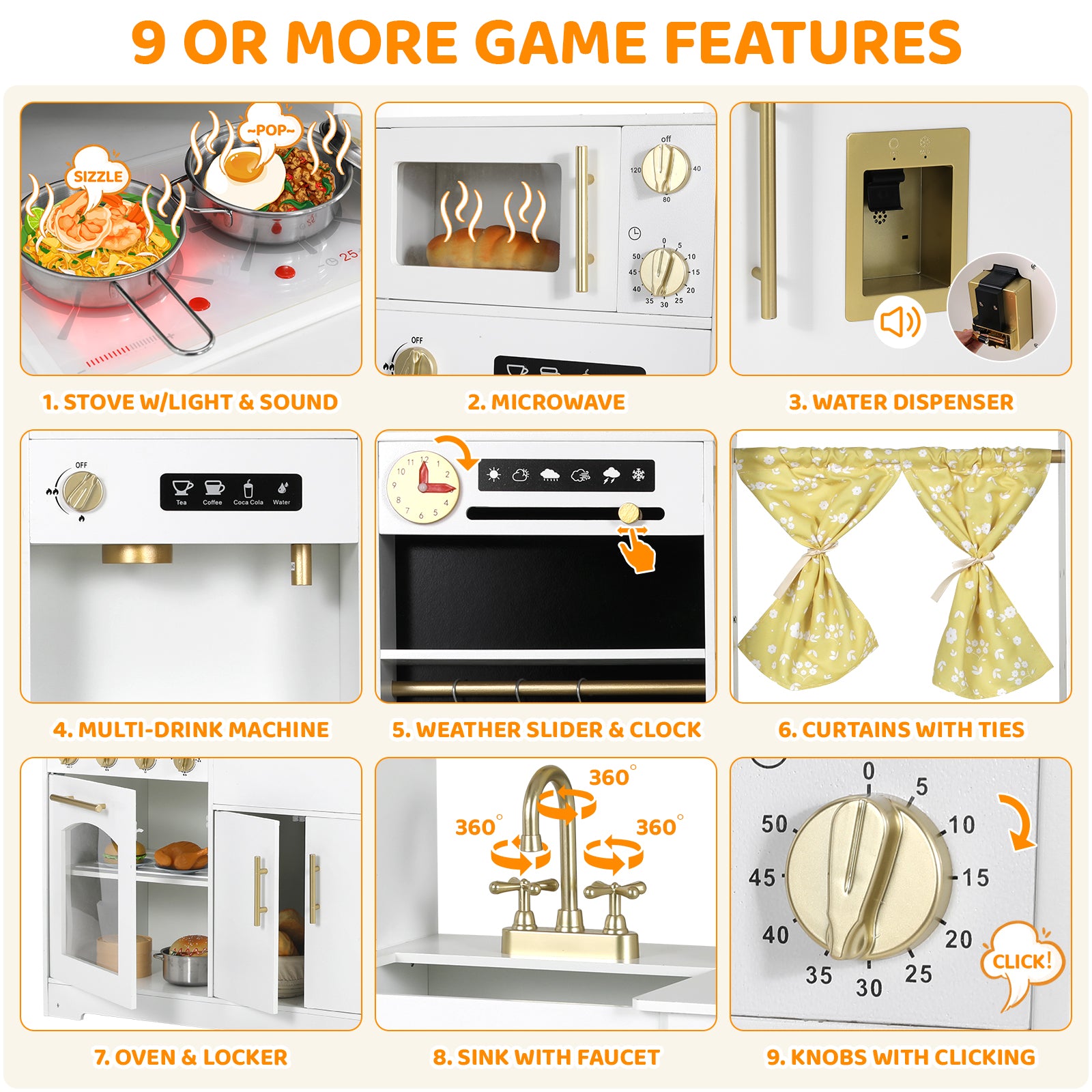 TLSUNNY Kids Play Kitchen with Realistic Lights & Sounds, Wooden Toy Pretend Play Kitchen Set w/ Sink, Faucet, Microwave, Curtain for Ages 3+