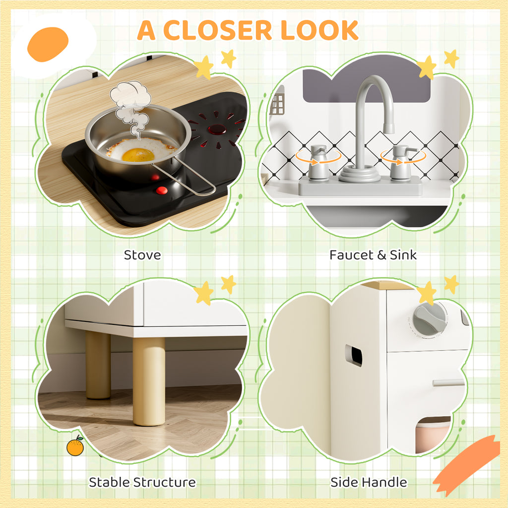 TLSUNNY Kids Play Kitchen Set, w/ Realistic Lights & Knob Sounds, Wooden Play Kitchen with Water Dispenser & Chalkboard for Age 3+