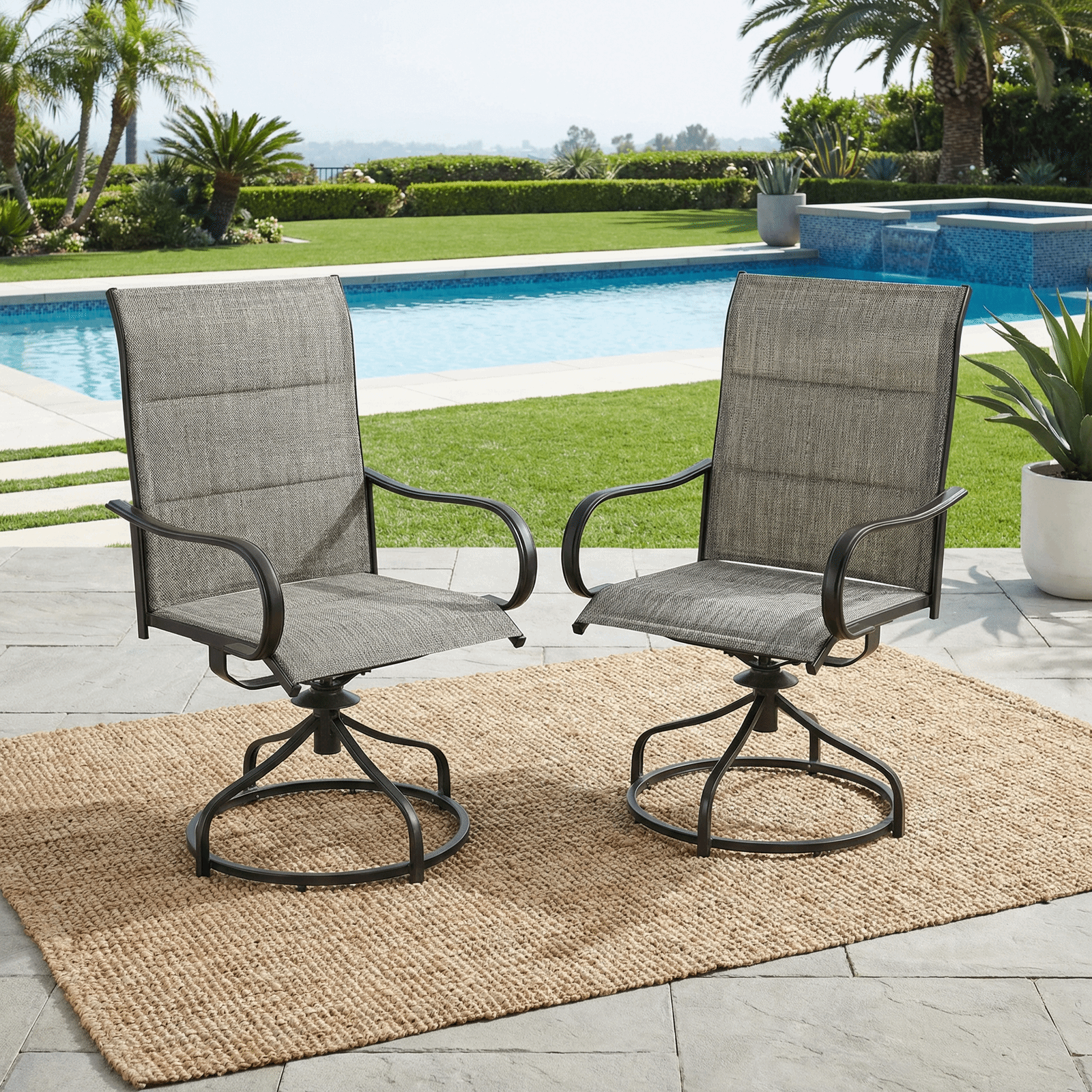 TLSUNNY Patio Swivel Padded Chairs Set of 2, Outdoor Dining Chairs High Back with All Weather Breathable Textilene, Metal Rocking Frame for Backyard Lawn Garden