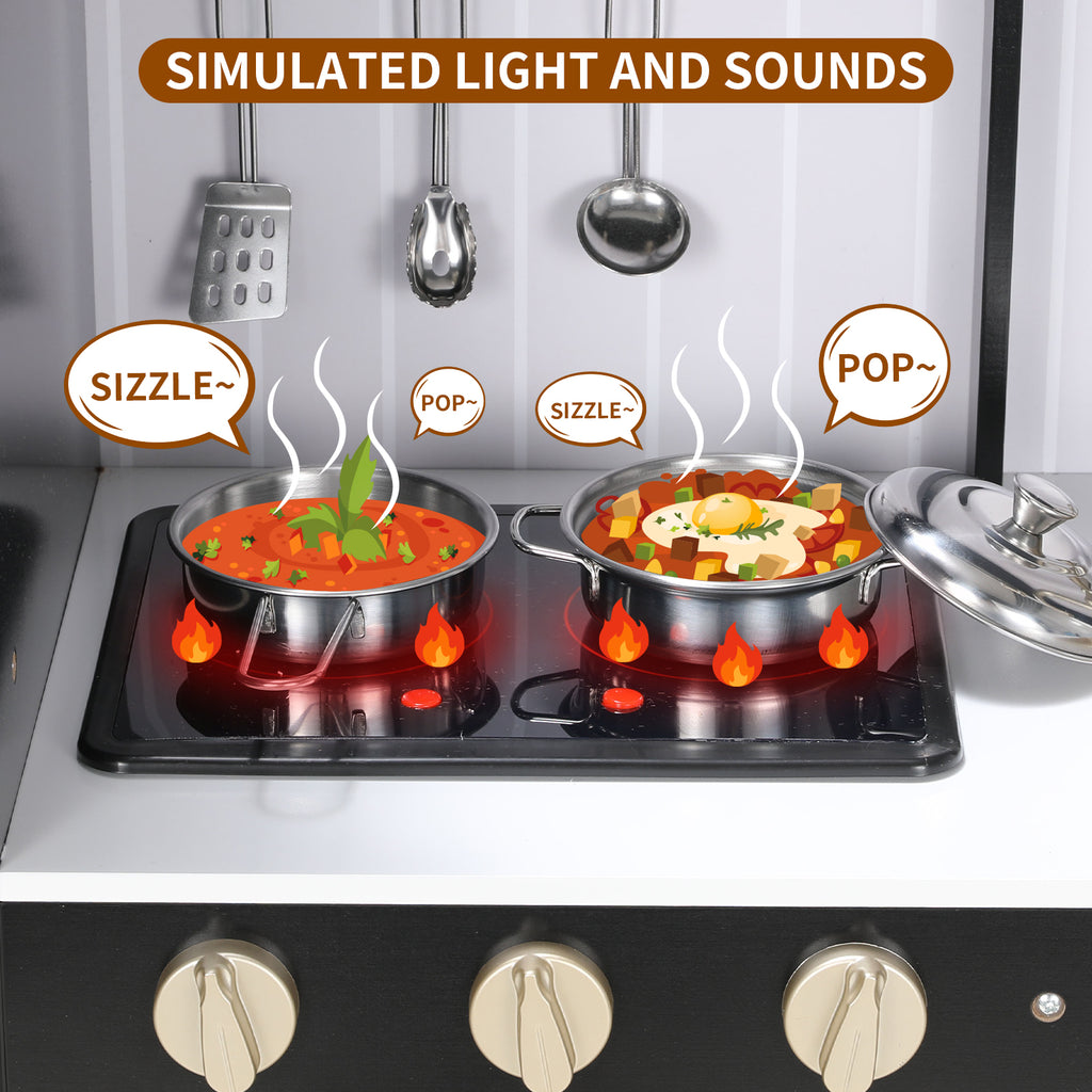 TLSUNNY Kids Play Kitchen, Wooden Kitchen Playset w/ Realistic Light & Sound and Cooking Accessories