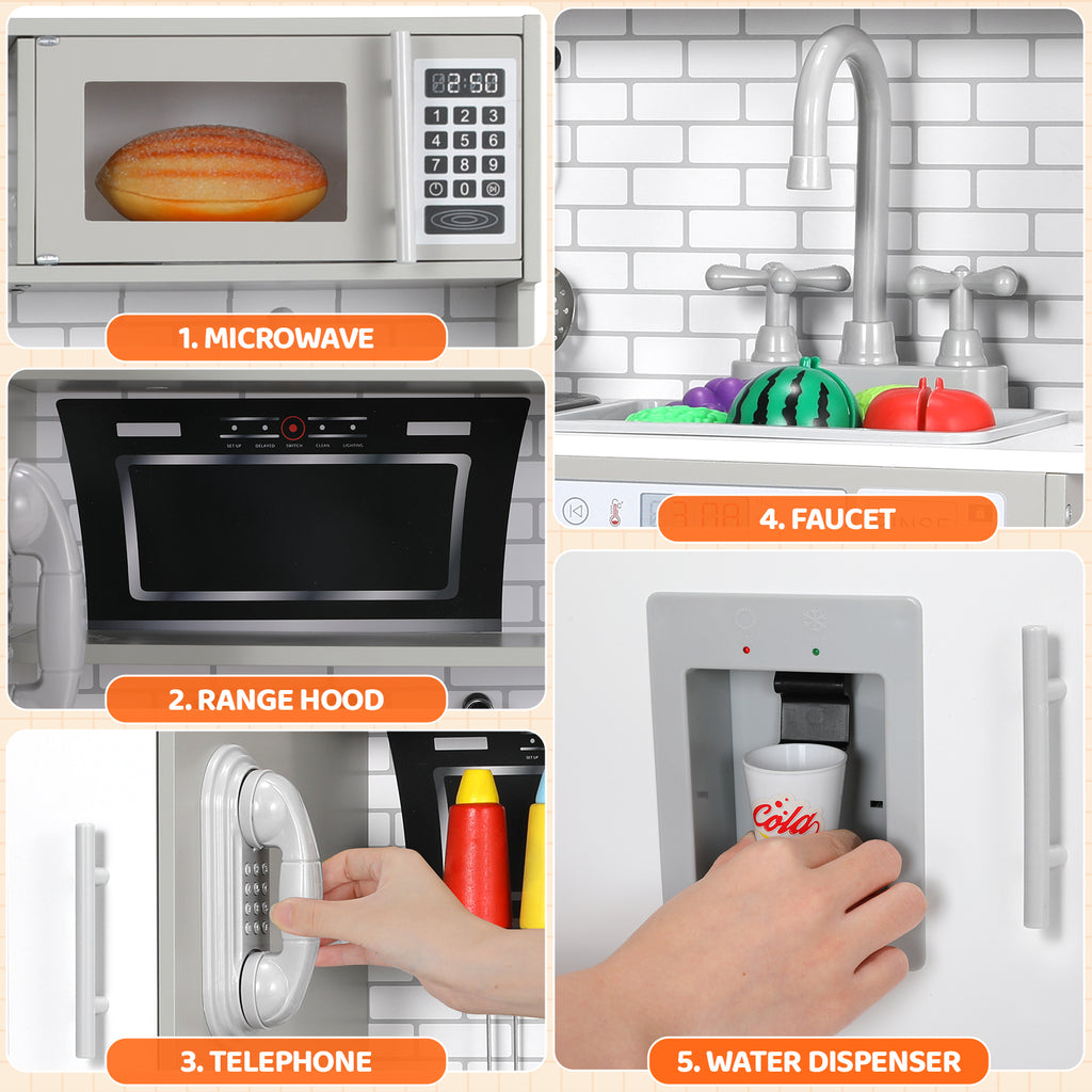 TLSUNNY Kids Play Kitchen, w/ Realistic Lights & Sounds, Washing Machine, Water Dispenser & Stove, Wooden Kitchen Playset for Toddlers Ages 3+