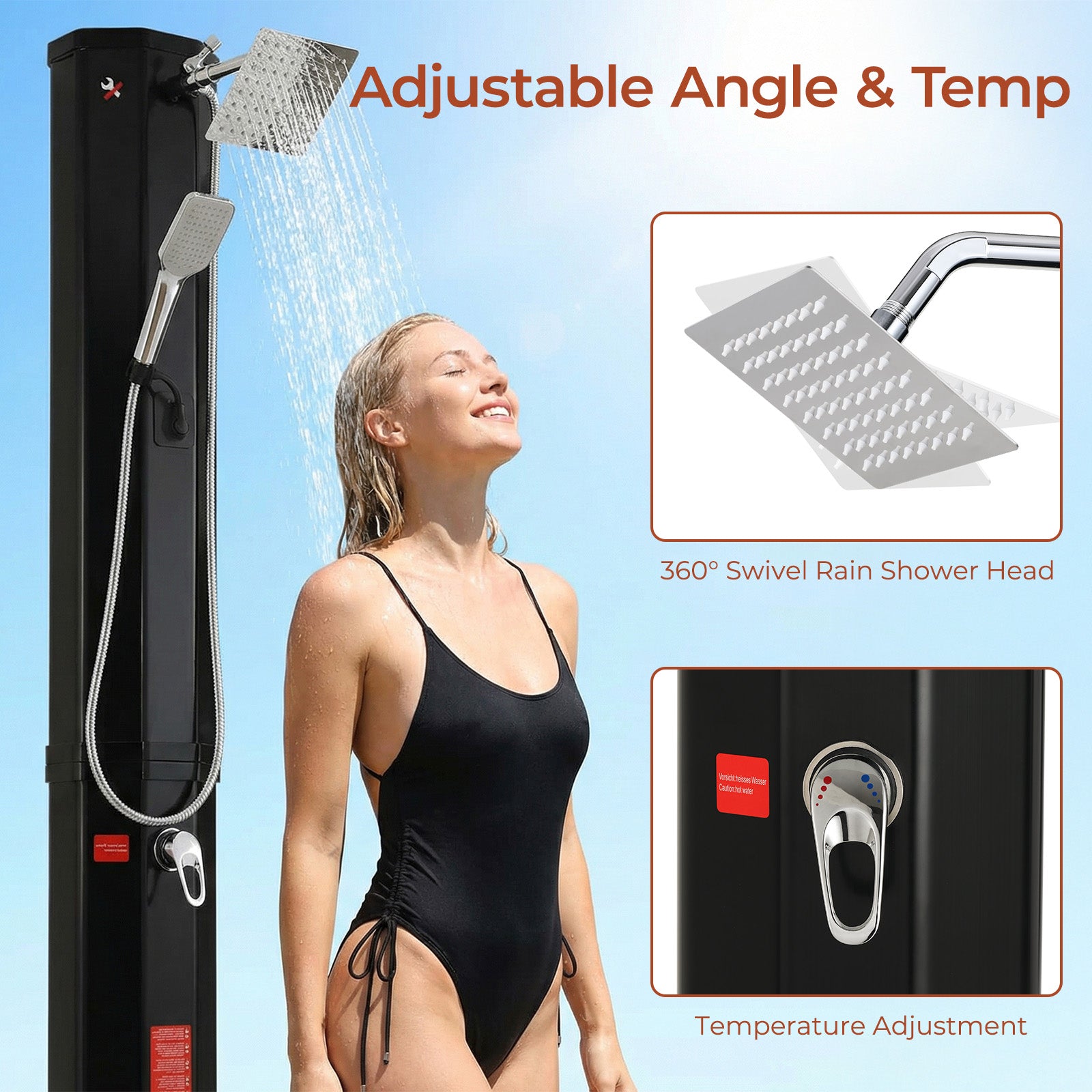 TLSUNNY 7.1FT 9.3 Gallon Solar Heated Shower with Shower Head, Handhold & Foot Tap for Poolside Backyard Beach Spa